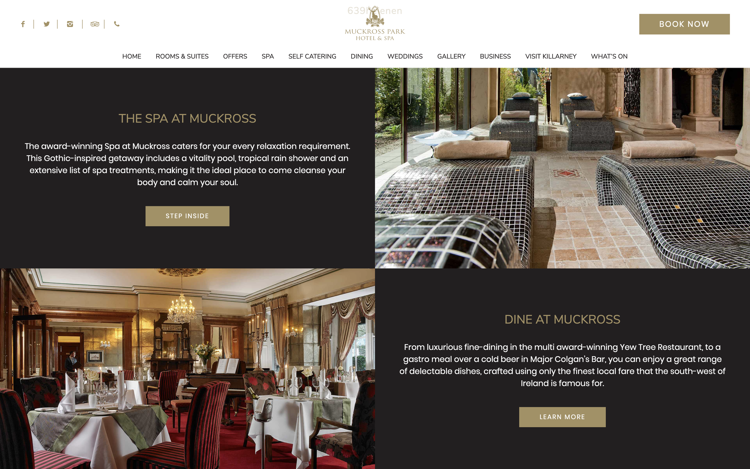 A summary of both the spa and the dining facilities available with images of the restaurant and spa.
