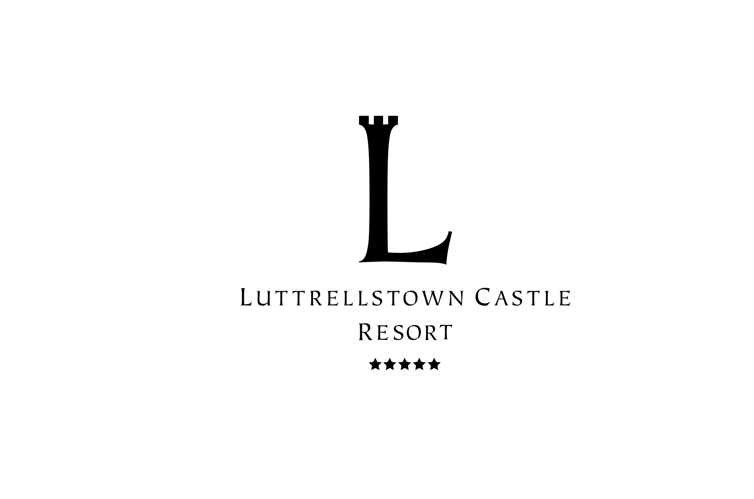 Black and white logo for Luttrellstown Castle Resort of a large 'L', the name and five stars.