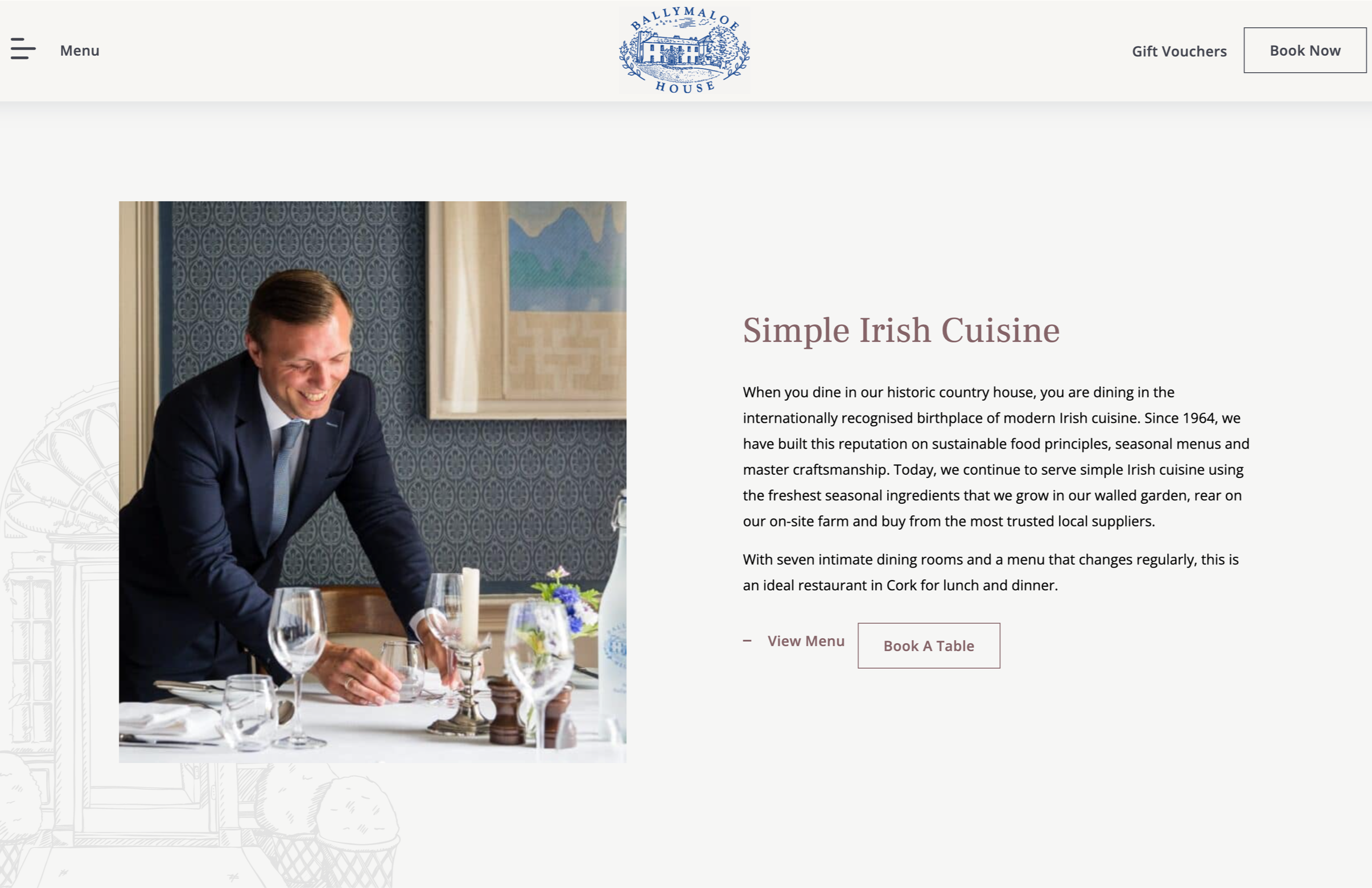 Two professionally written paragraphs celebrating the quality food and a waiter serving some of it.