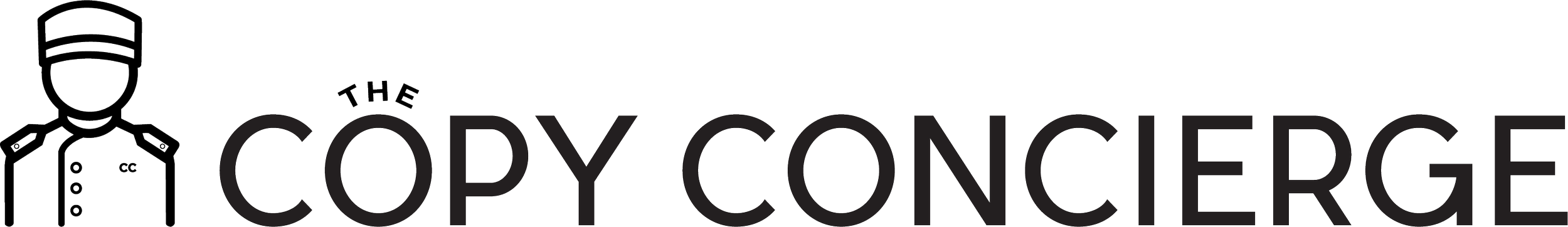 Black and white logo for The Copy Concierge of the name next to an illustrated hotel concierge.