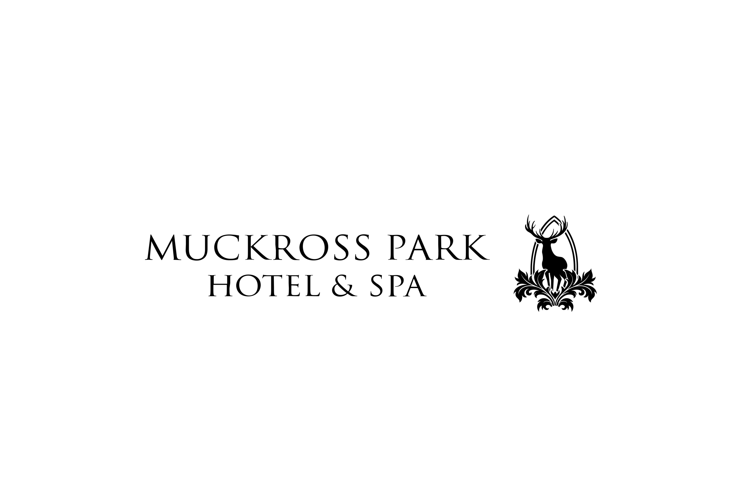Black and white logo for Muckross Park Hotel with its name and a stylised stag emblem beside it.