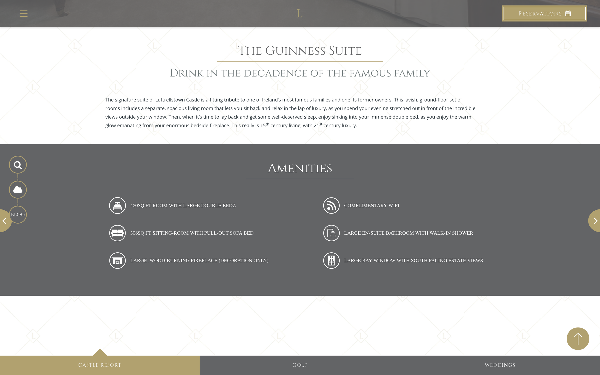 A long-text summary of one of the beautiful suites and amenities at Luttrellstiown Castle Resort.