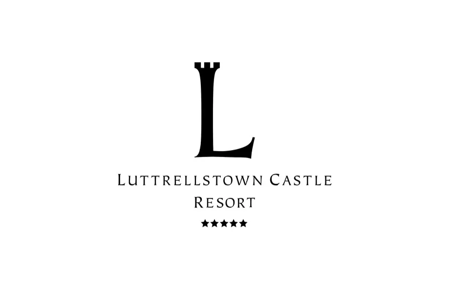 Black and white logo for Luttrellstown Castle Resort of a large 'L', the name and five stars.