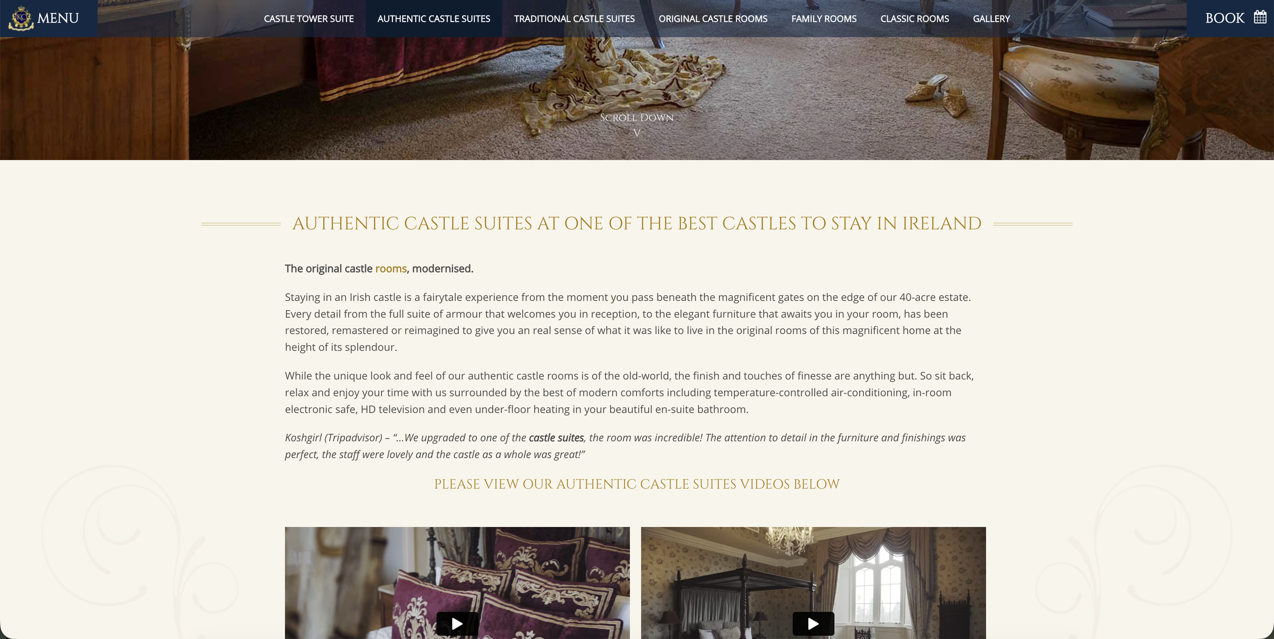 A concise text overview of Kilronan Castle's old-world, castle-style bedrooms aabove examples of one