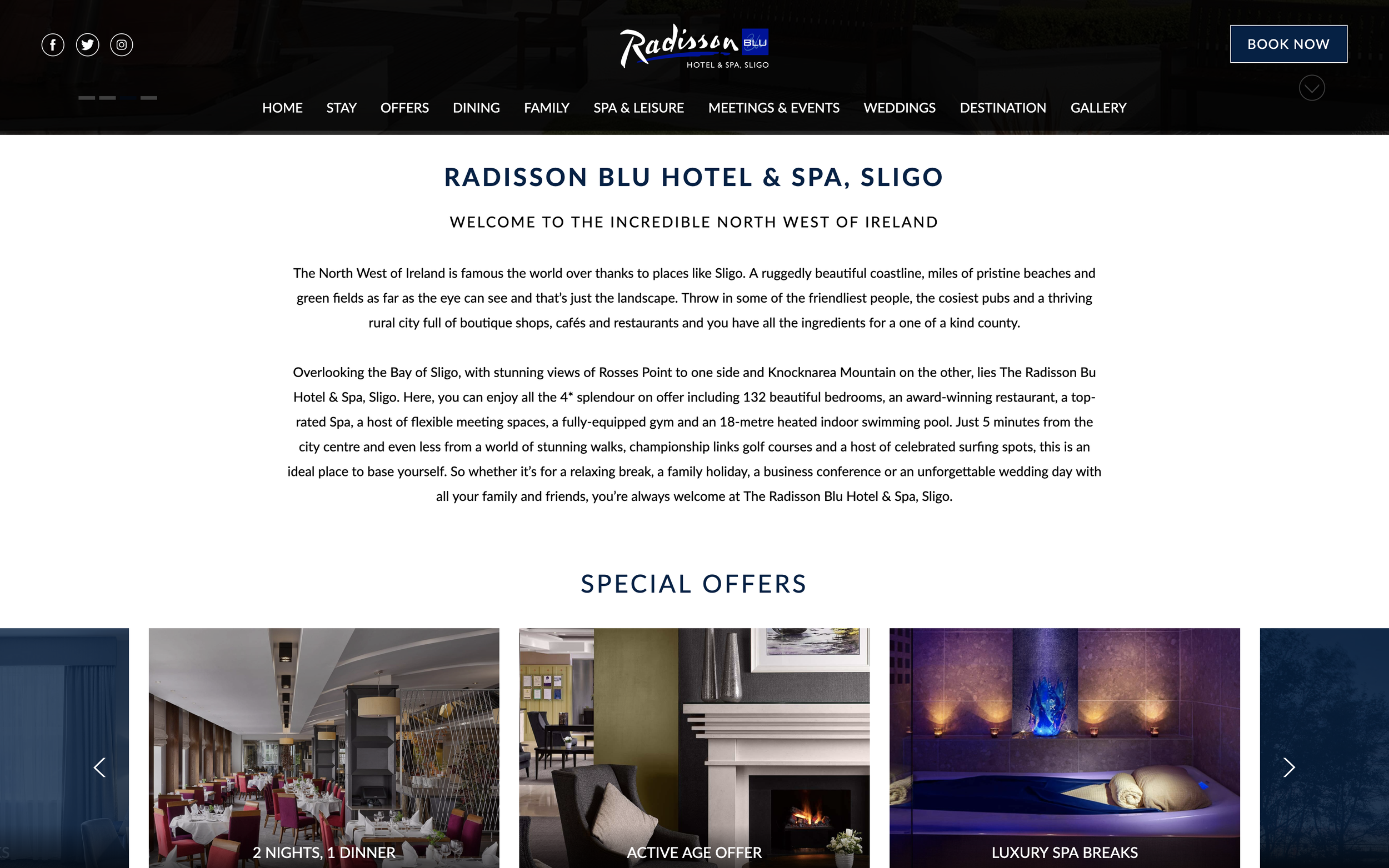 A thorough introduction to the Radisson Blu Sligo above images of the restaurant, lounge and spa.