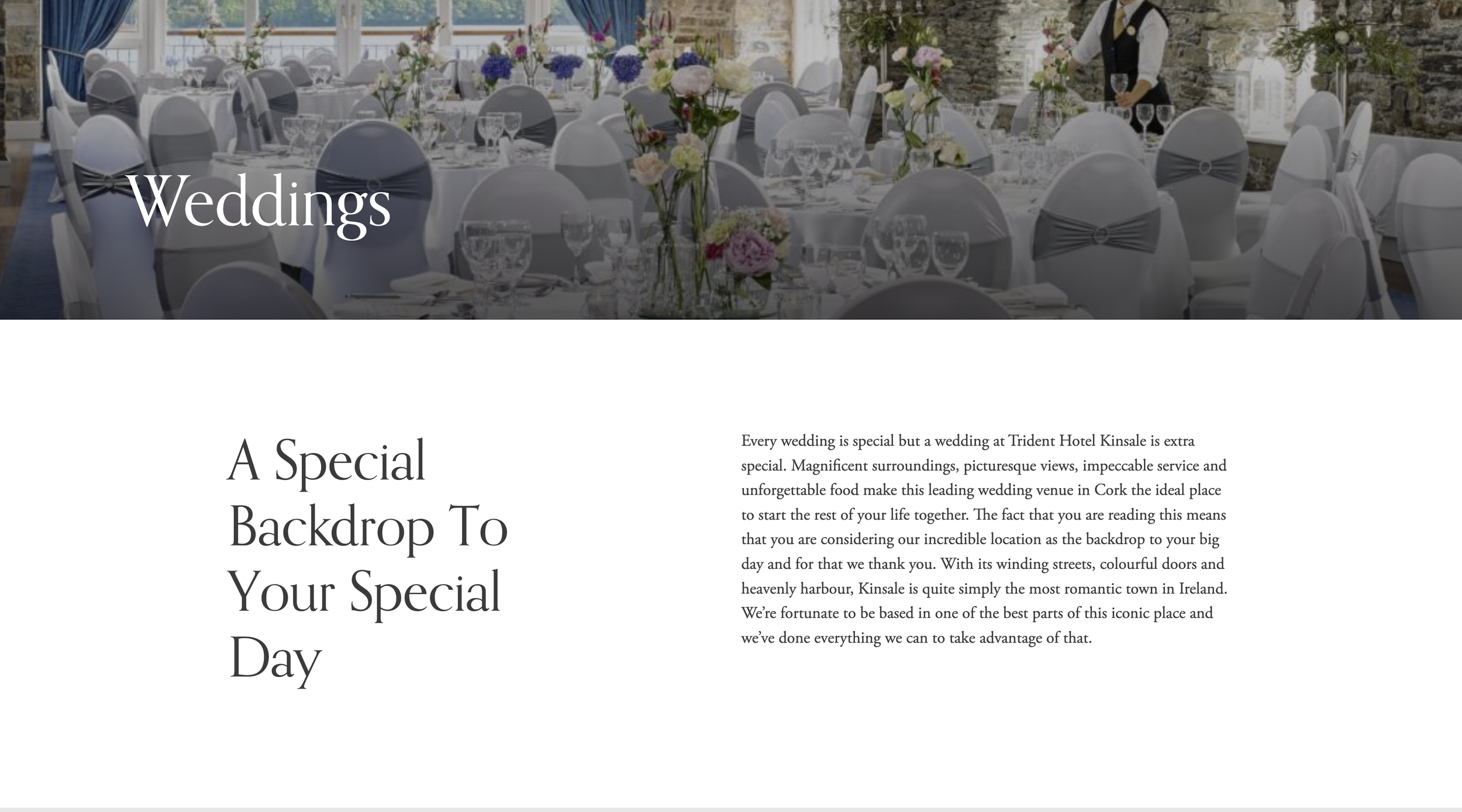 A short text overview of the hotel’s offering underneath tables and chairs laid out for a wedding.