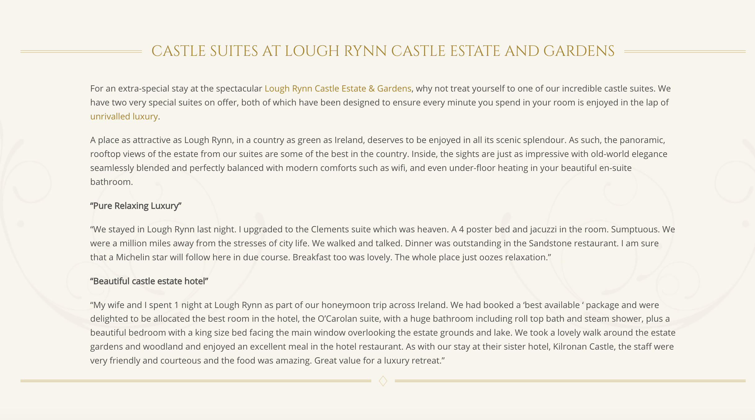 Introduction to Lough Rynn Castle’s extra-luxurious old-world suites above some customer reviews.