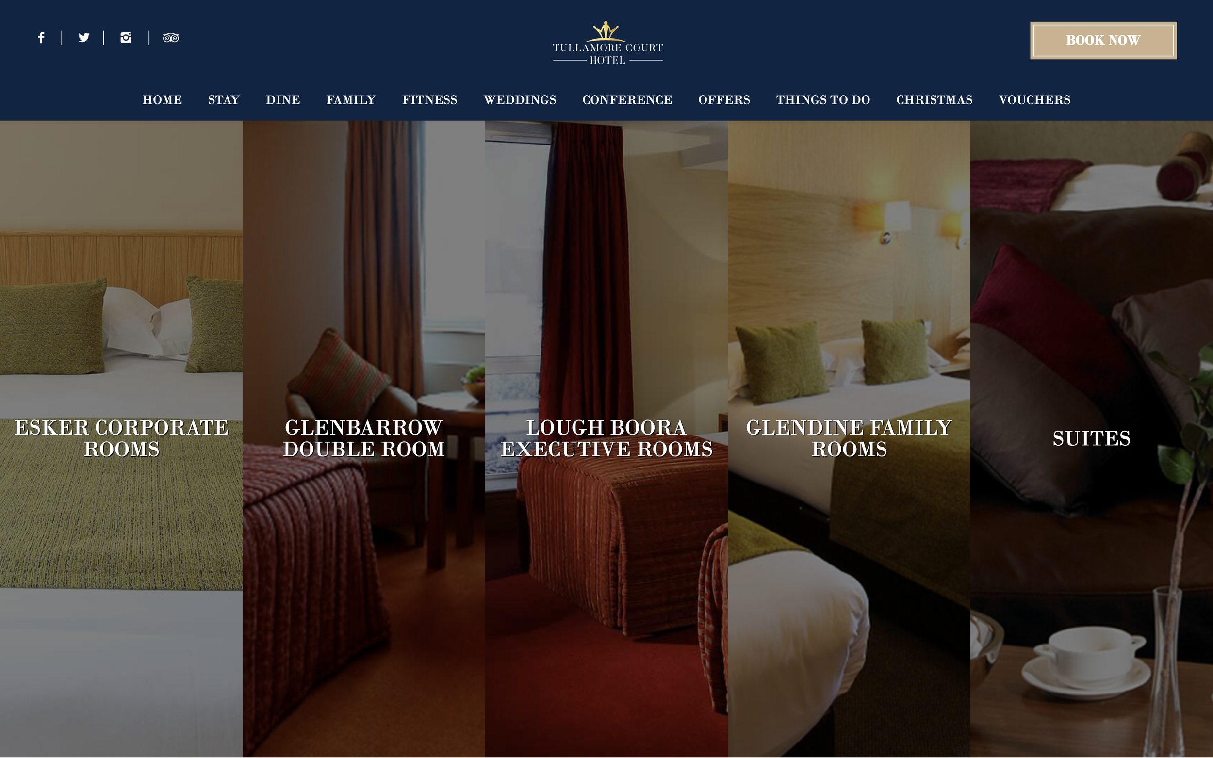 A carousel of three rooms types featuring large beds covered in purple, red and green throws.