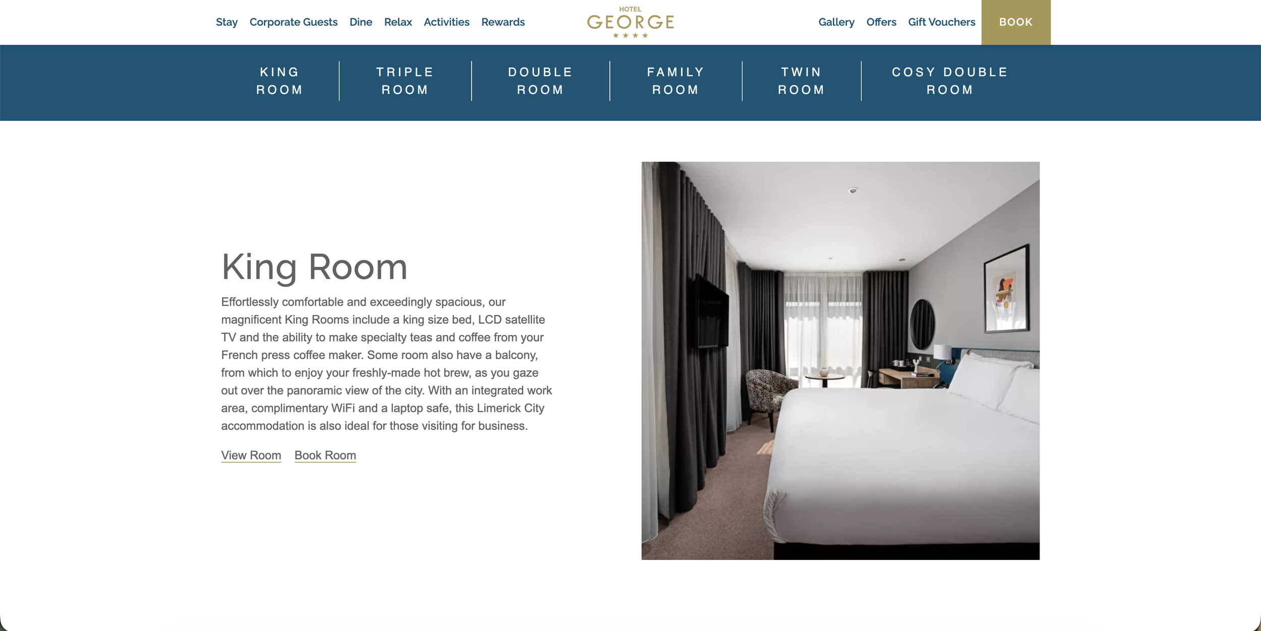 Carefully crafted overview of the hotel’s guest rooms alongside a bed covered in crisp white linen.