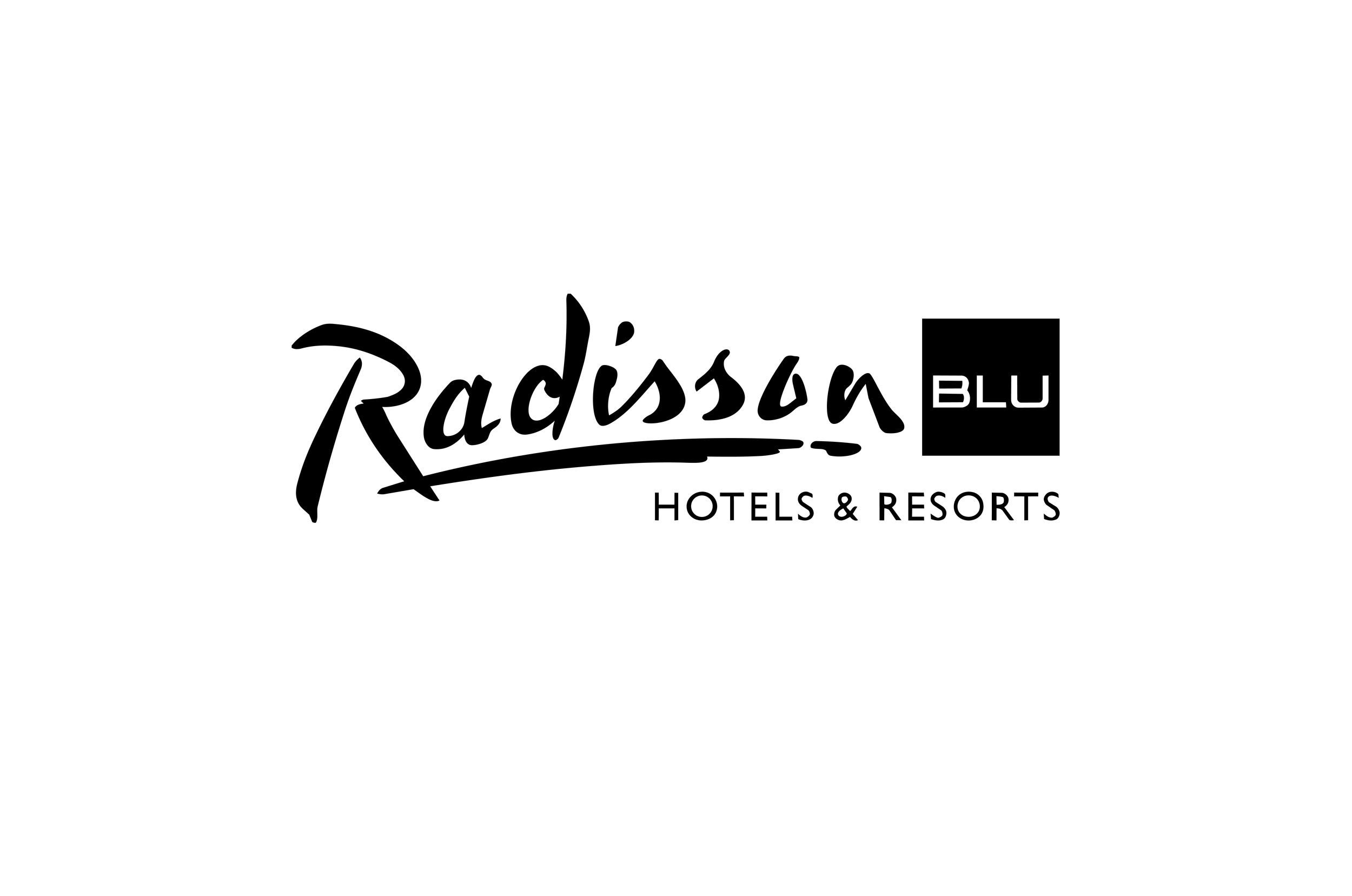 Black and white logo for Radisson Blu brand, with Blu written in white text within a black box.