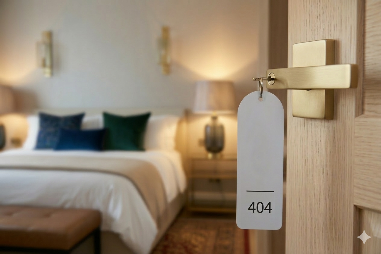 An open hotel room door with room number 404 key tag hanging from it in front of a neatly made bed.
