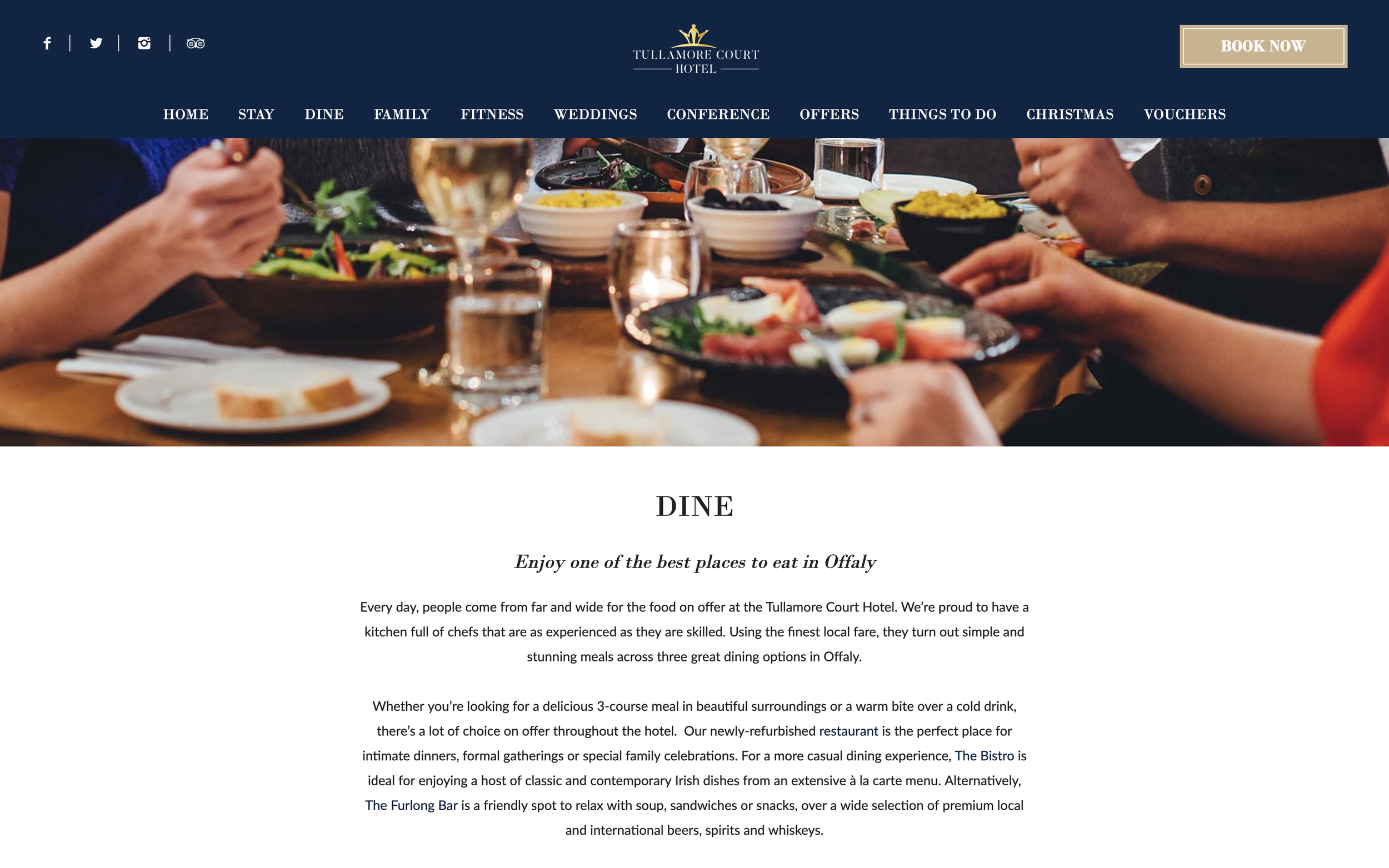 A summary of all the dining facilities at the hotel including its restaurant, bar and café.