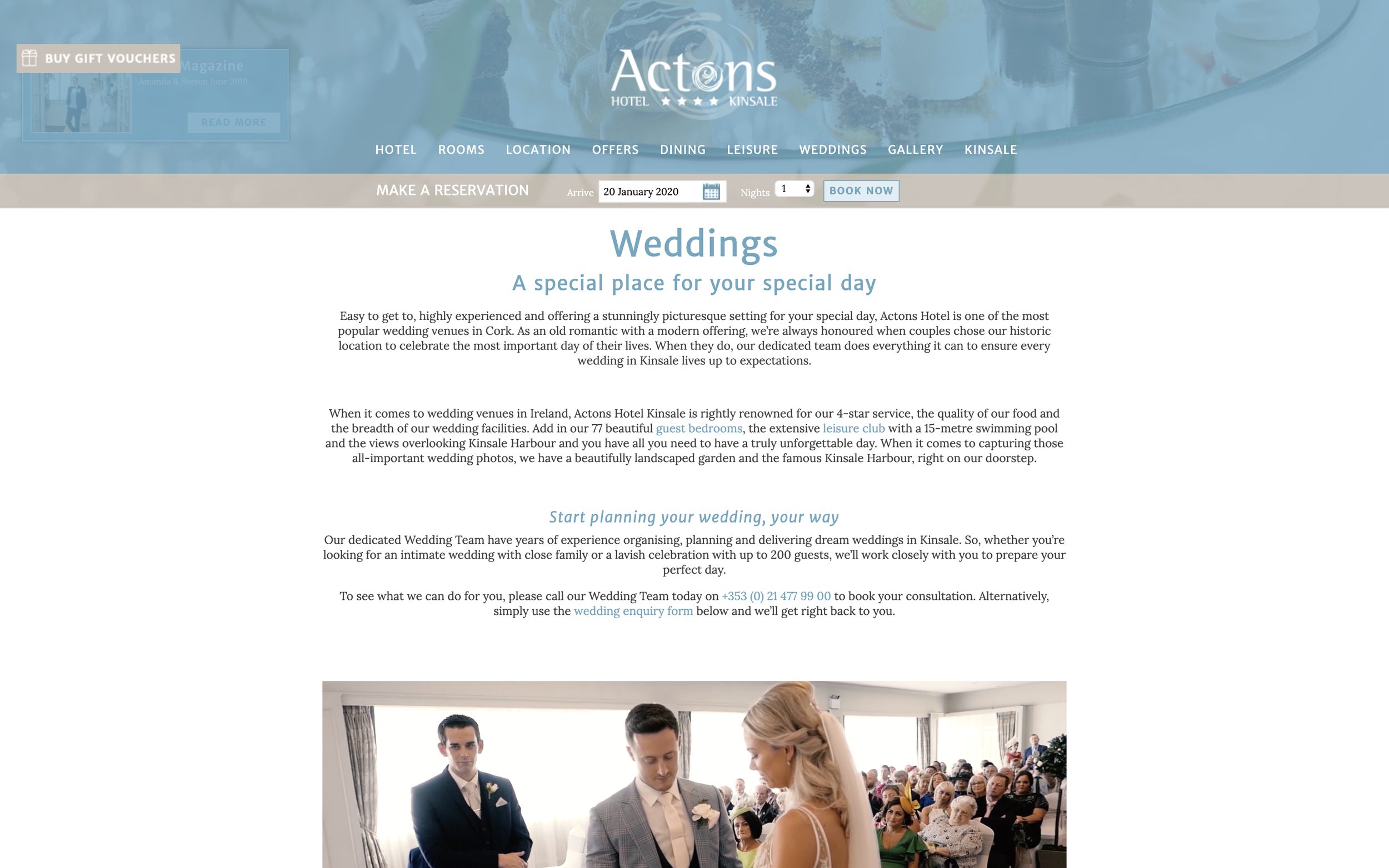 A short text overview of the hotel’s offering above a couple tying the knot in the ballroom.