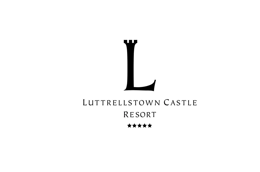 Black and white logo for Luttrellstown Castle Resort of a large 'L', the name and five stars.