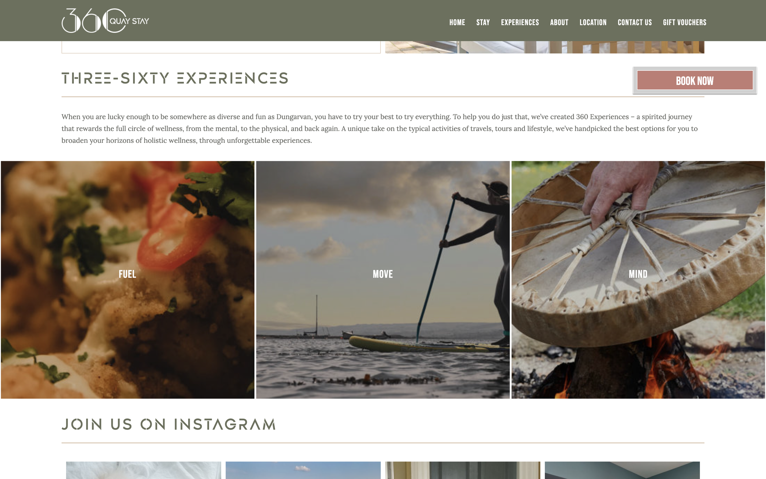 Three different closeups of a meal, a paddleboarder on a calm sea and a bodhran over a small fire.