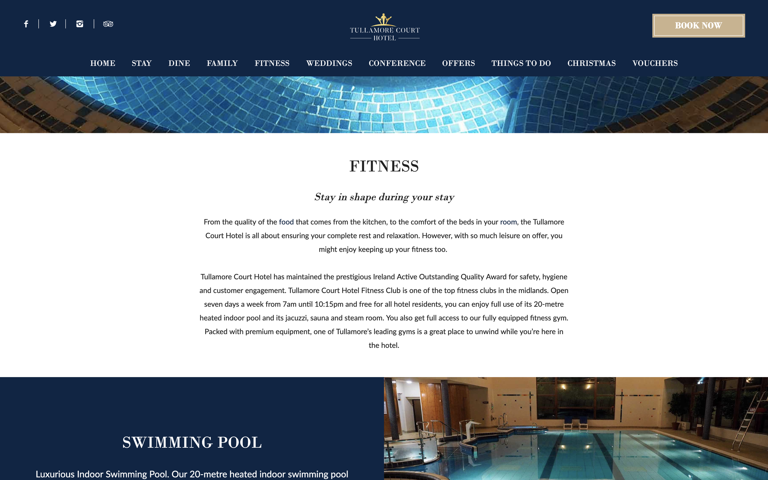 Two paragraphs promoting the leisure facilities and pool available at The Tullamore Court Hotel.
