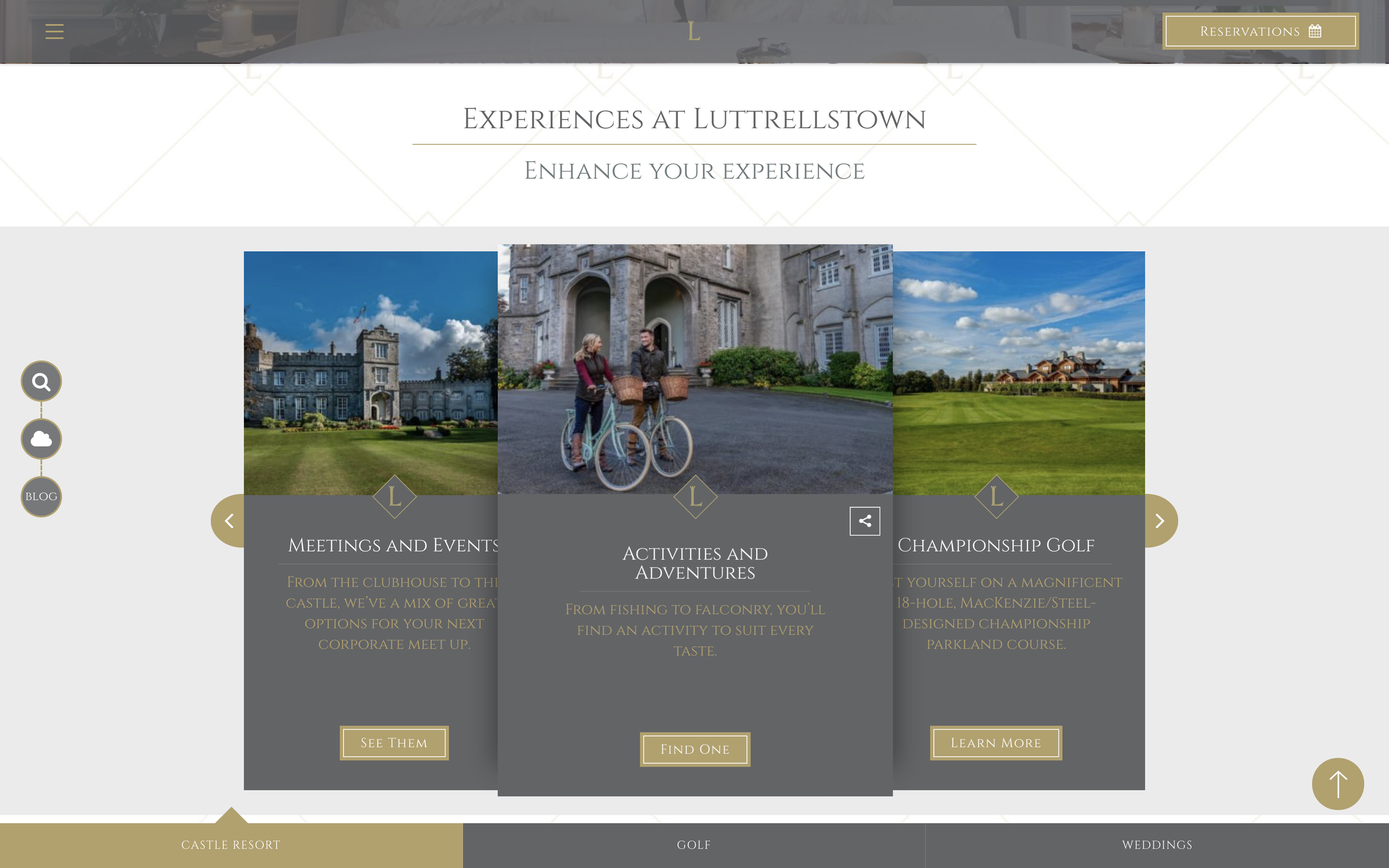 Three short text overviews of some of the experiences available including golf, cycling and events.