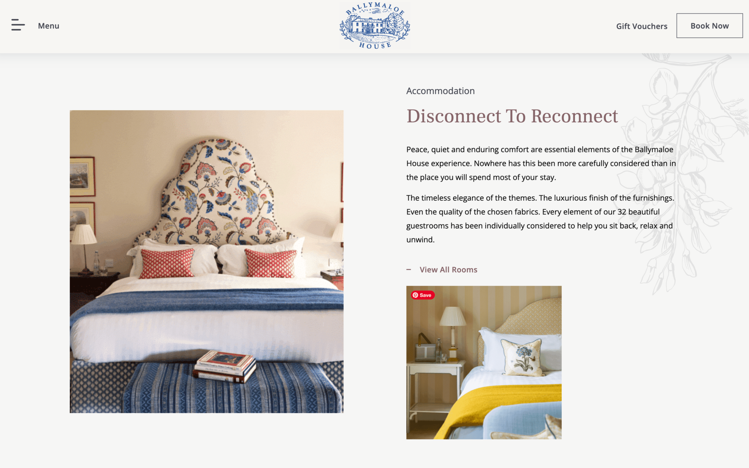 A carefully crafted text summary celebrating the accommodation features in Ballymaloe House Hotel.