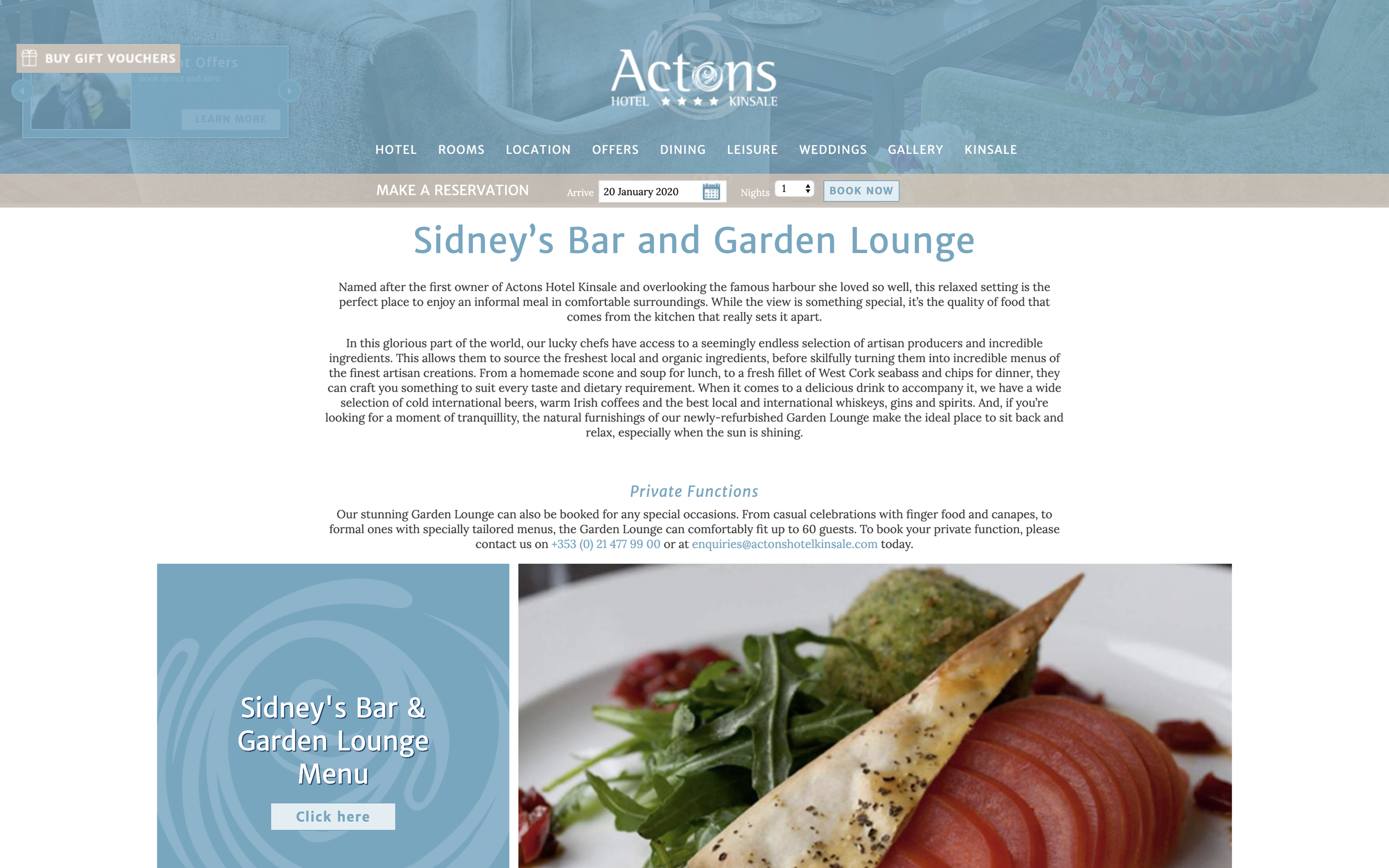 Overview of Sidney’s Bar & Garden Lounge above a succulent slice of fish resting on tomatoes.