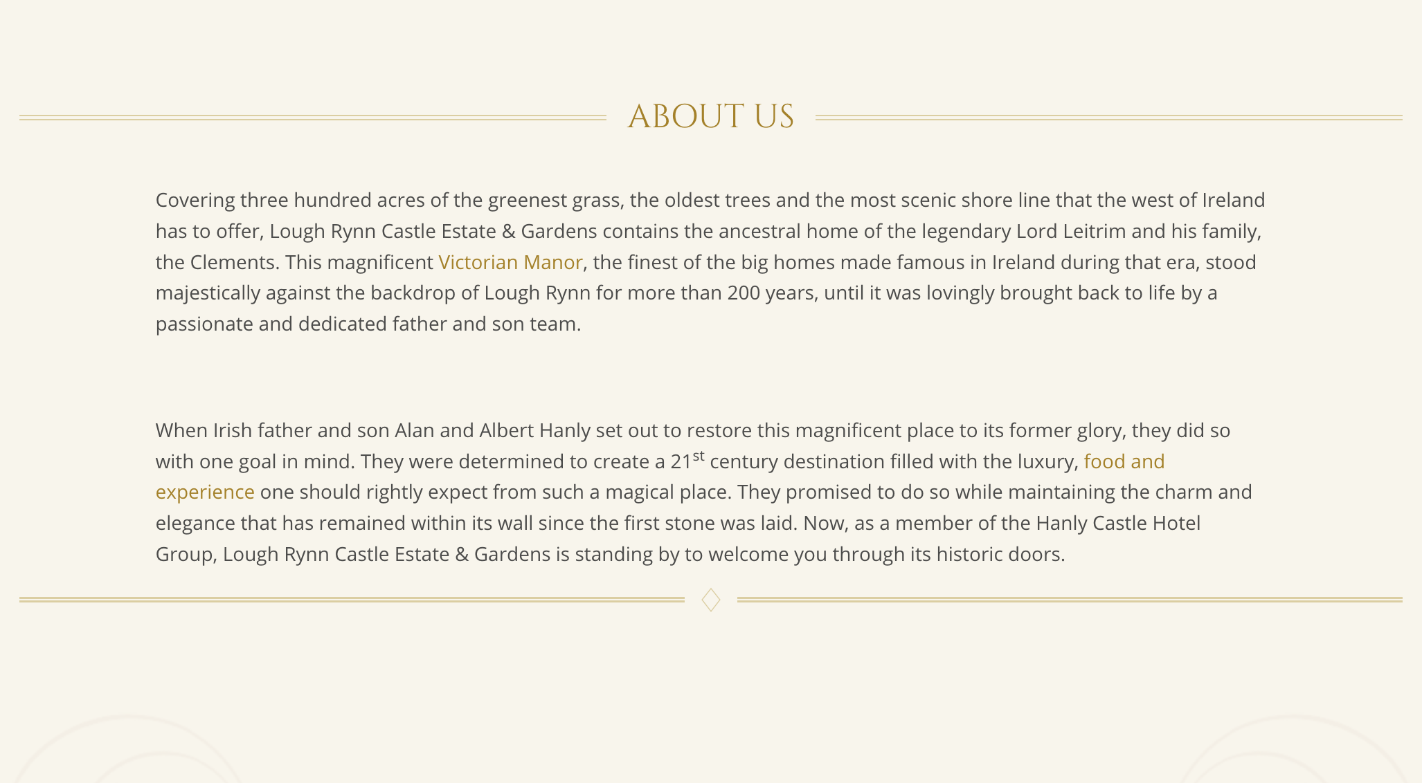 A professionally crafted text introduction to the hotel, estate and castle that make up Lough Rynn.