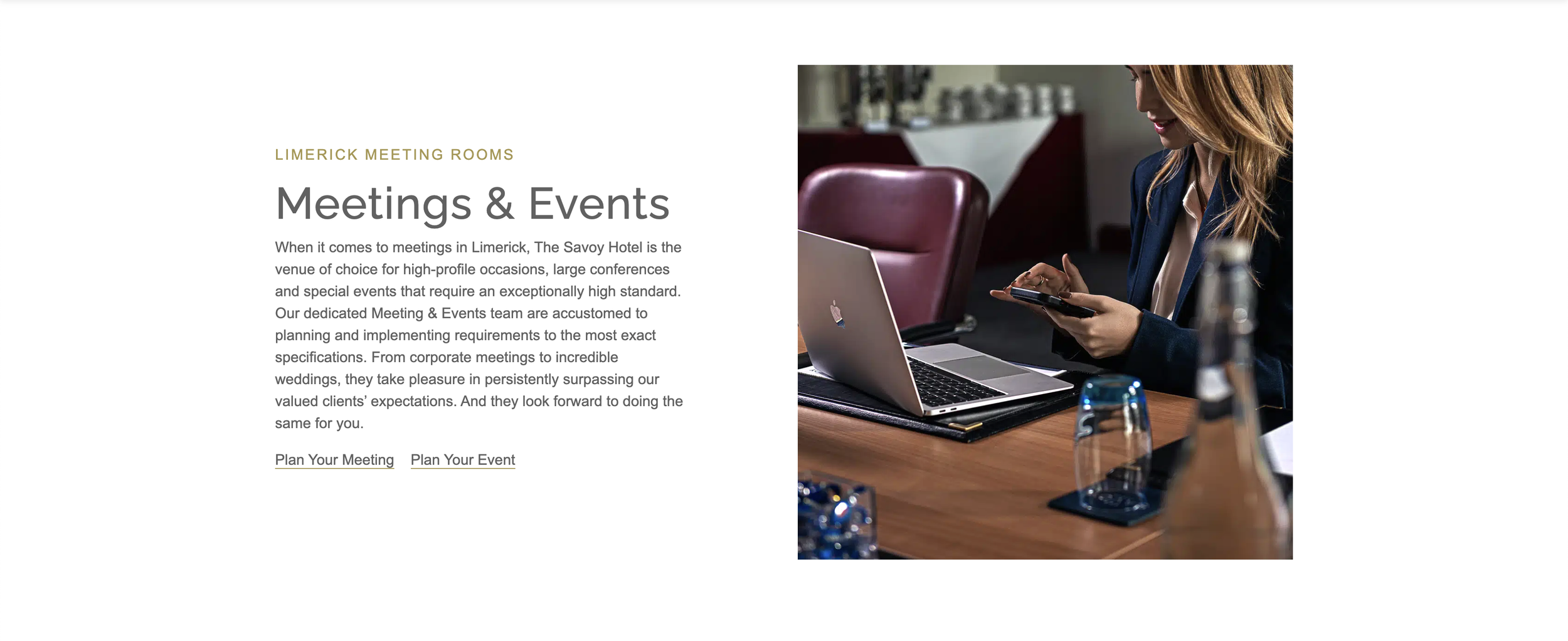 A businesswoman on her laptop, at a table, next to a short summary of the conference facilities.