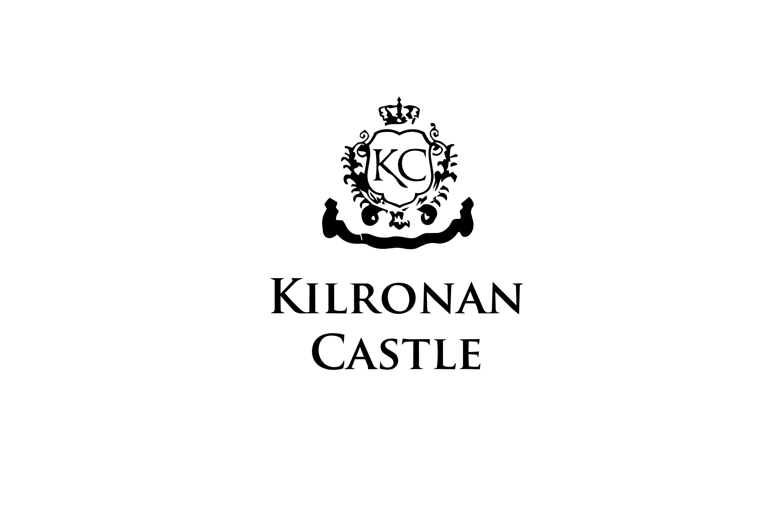 Black and white logo of Kilronan Castle of a shield housing a ‘KC’ emblem and its name beneath.