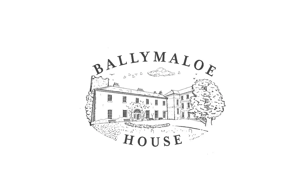 Black and white illustration of a country house with words Ballymaloe House arched above and below.