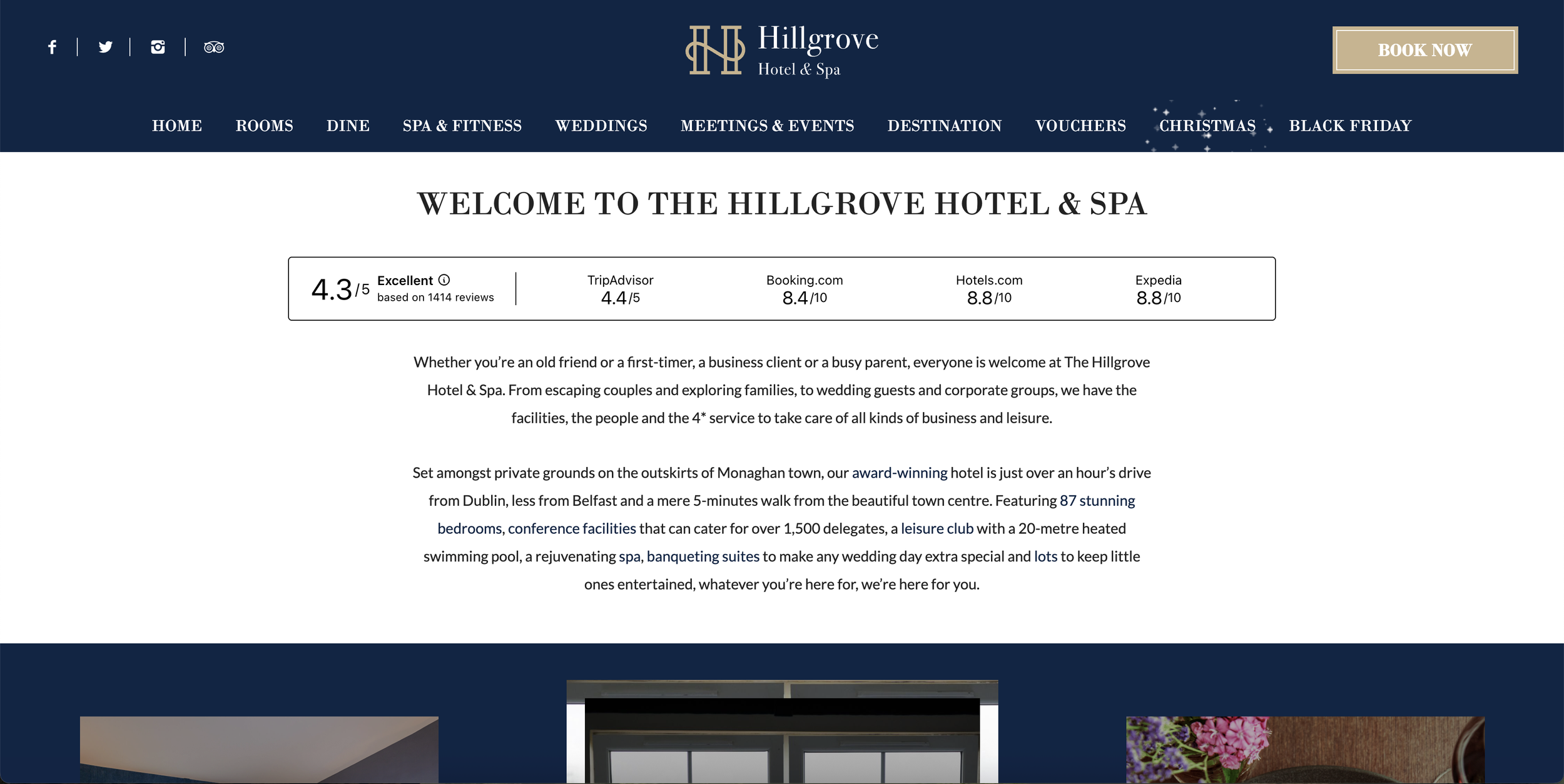 A short text overview of the HILLGROVE Hotel under a customer satisfaction rating of “excellent”.