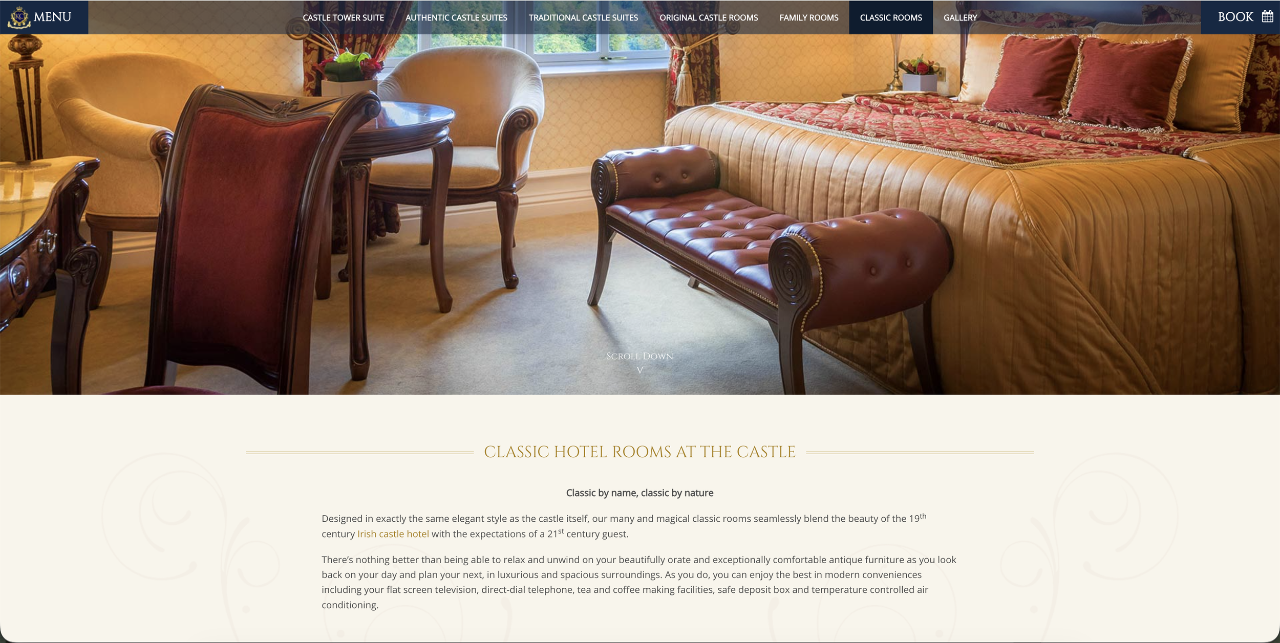 Introduction to Kilronan Castle’s authentic, old-world rooms below a red leather chaise longue.
