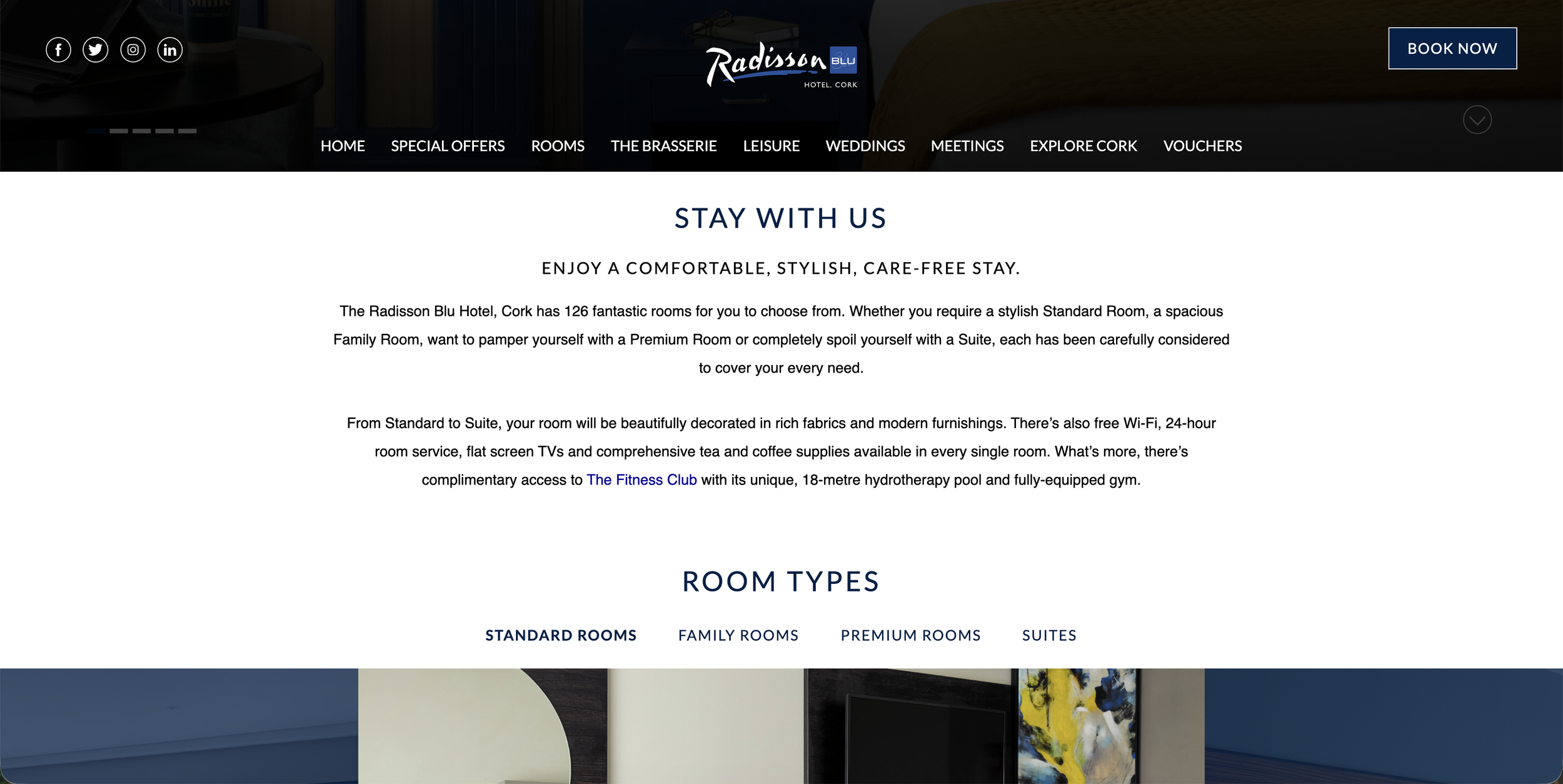 Short, professionally crafted overview of different room types available at The Radisson Blu Cork.