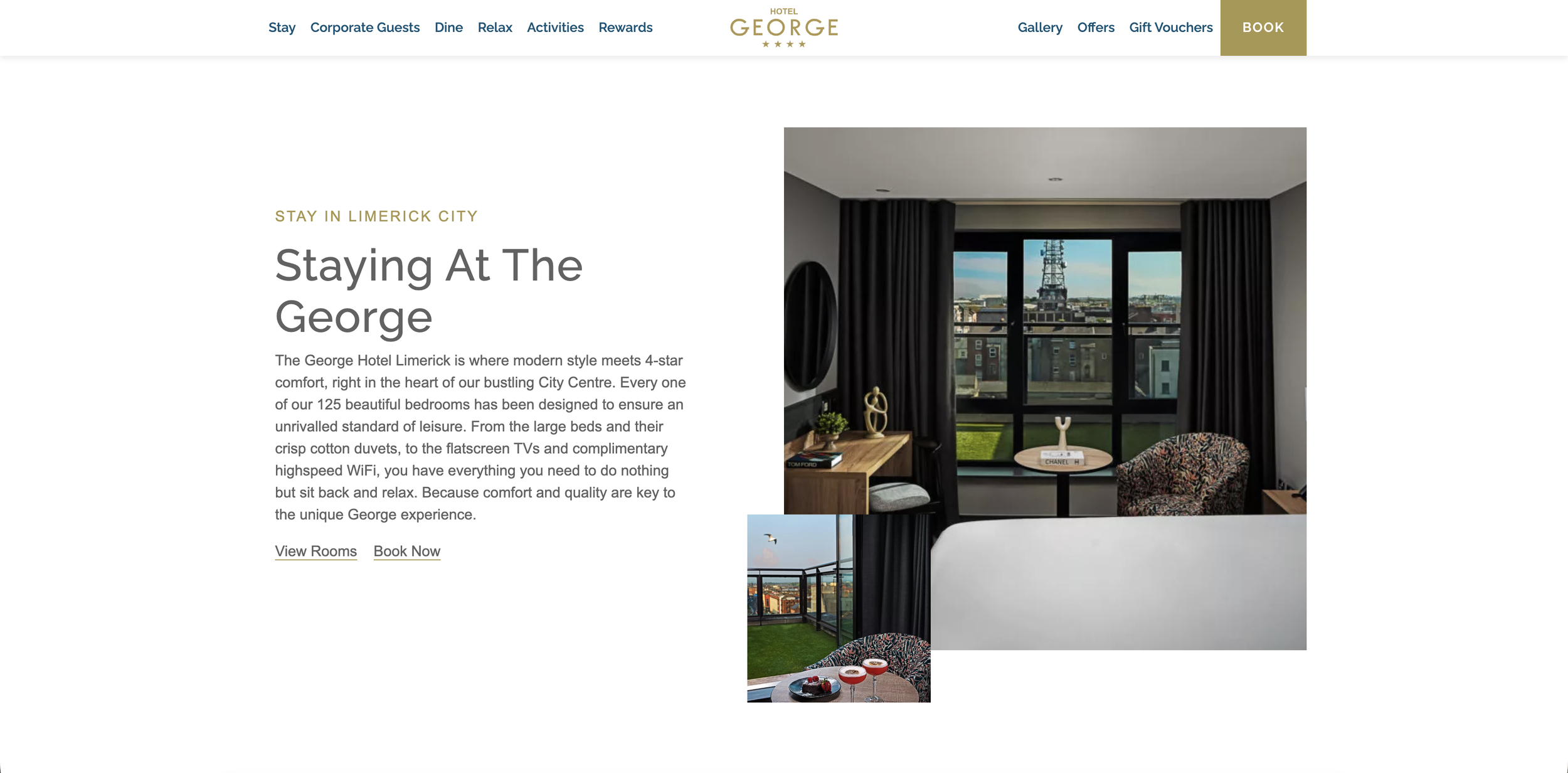 Concise, professionally copywritten introduction to the hotel, beside a bedroom overlooking the city