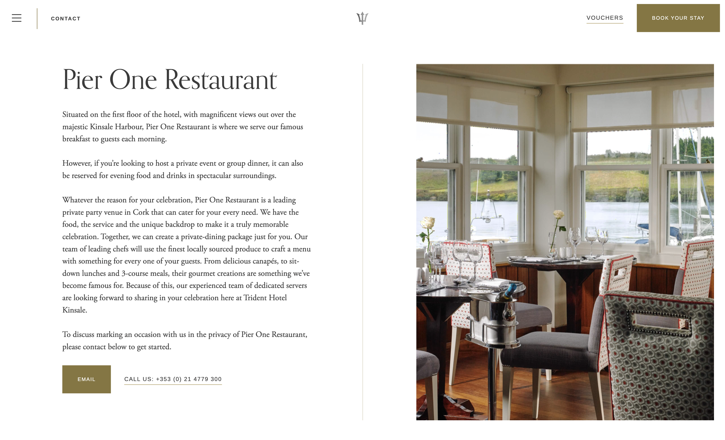 An overview of Pier One Restaurant next to a dining setting overlooking the harbour.
