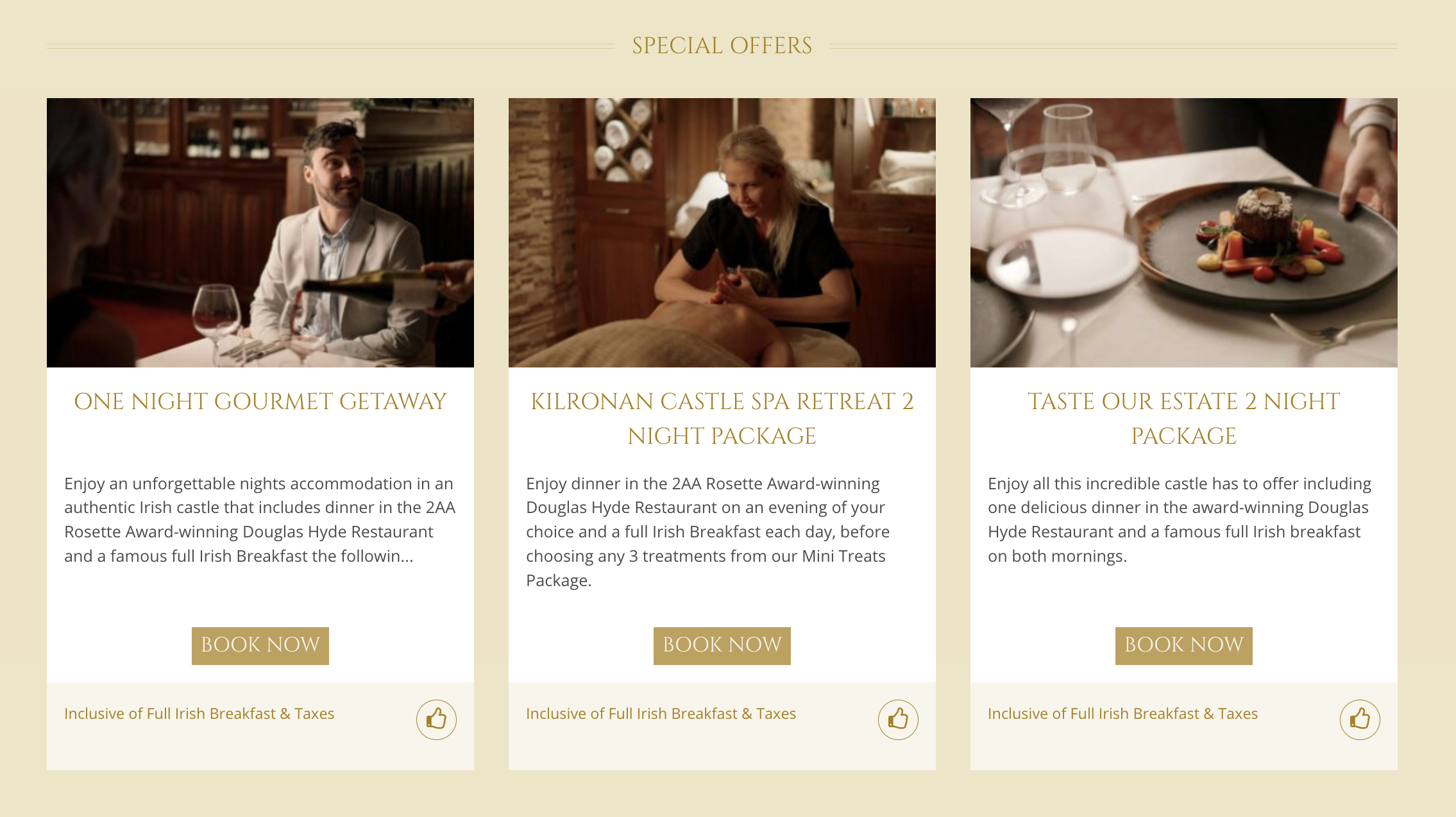 Three short text overviews of some of the special offers available including dinner and spa packages