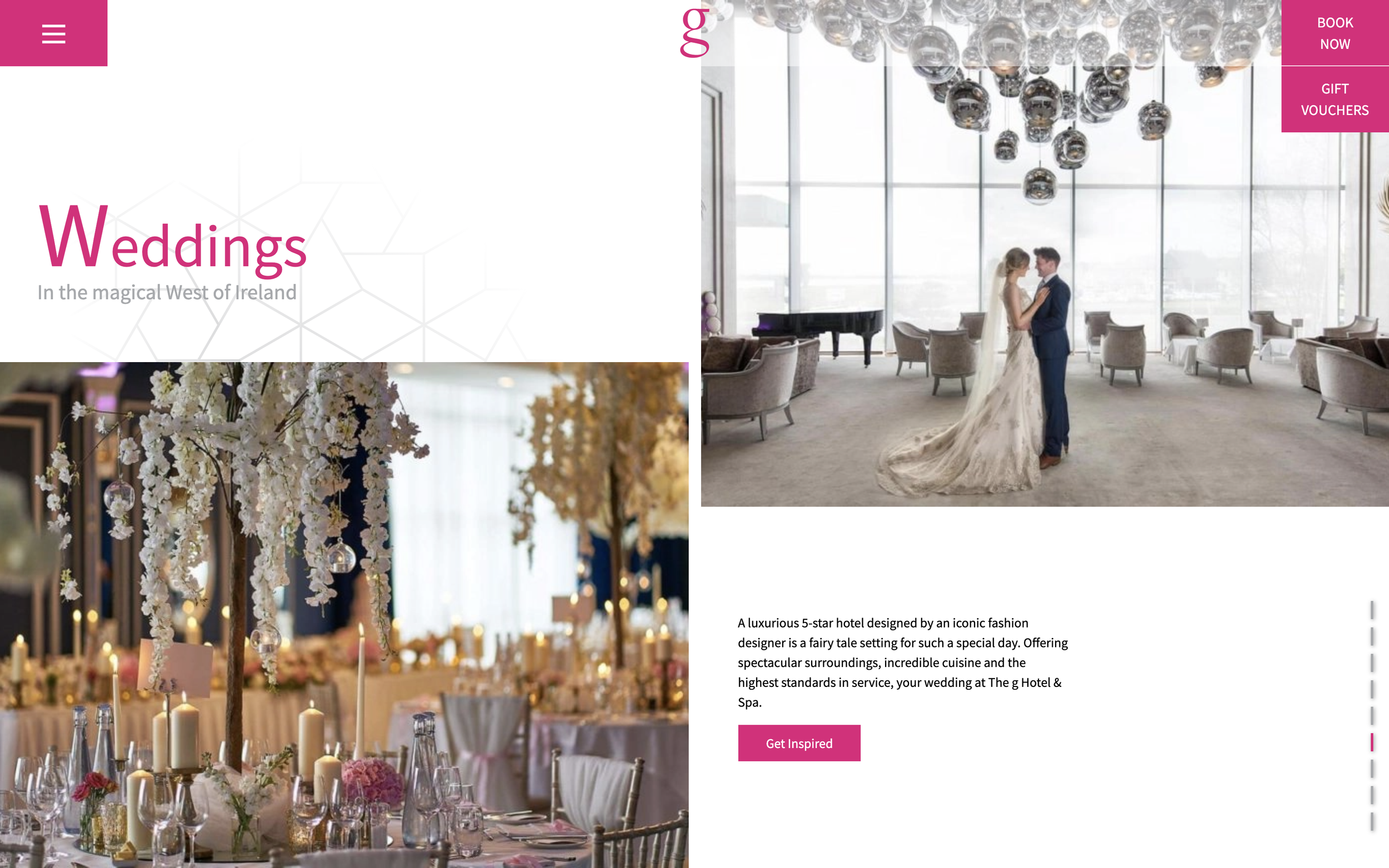 A couple dancing in a ballroom, a table laid out for a wedding and short paragraphs on both.
