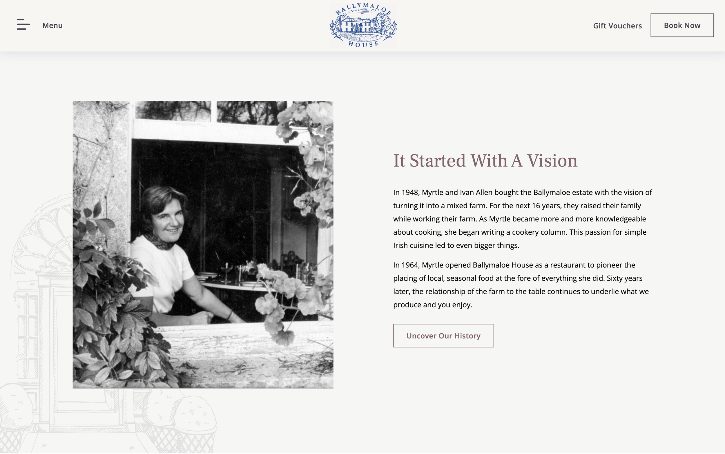 A vintage black and white portrait of Myrtle Allen, with two short paragraphs about her background.