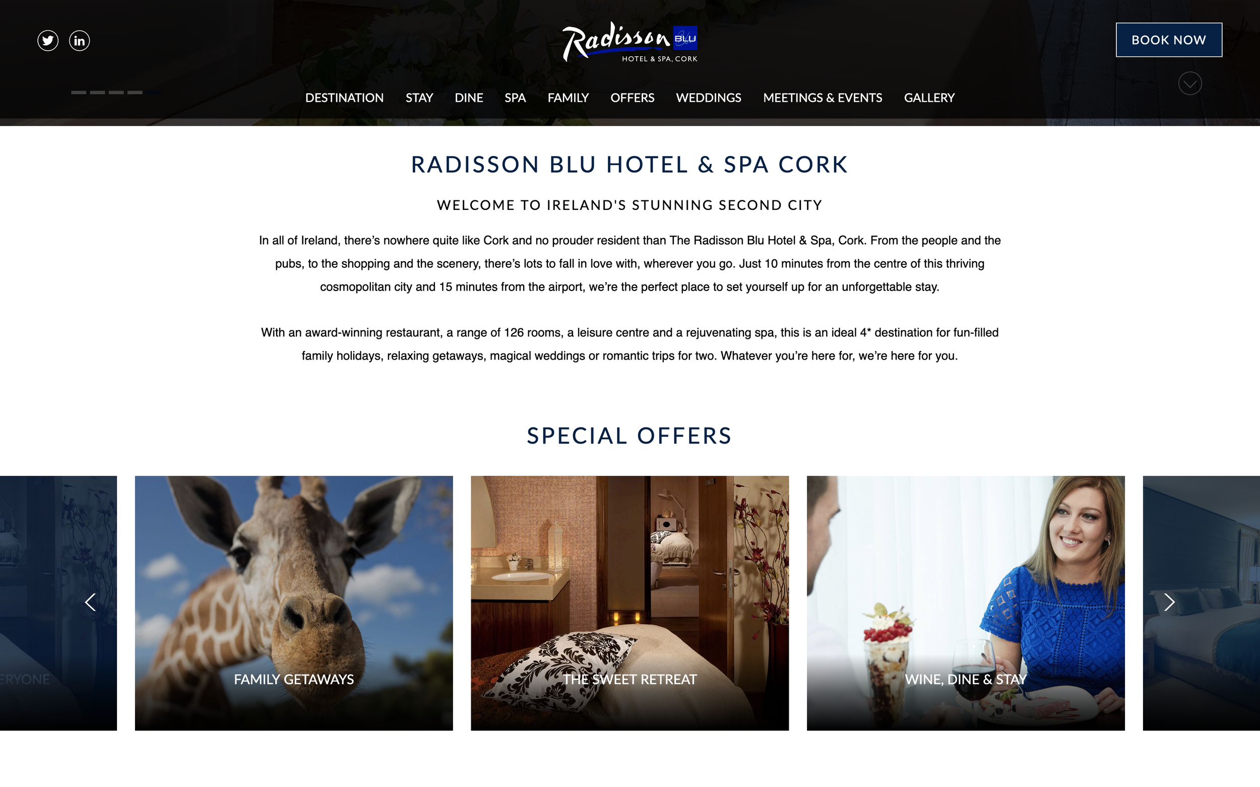 A carefully crafted intro to the Radisson Blu Cork above some of their available special offers.