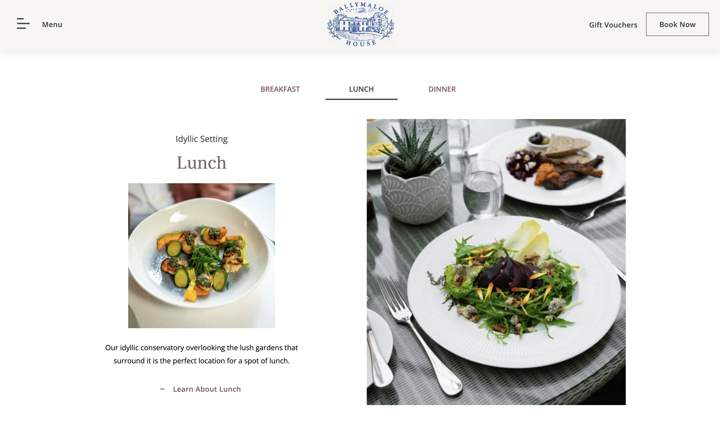 Two beautifully plated vegetarian lunch dishes on carefully laid out dining tables.