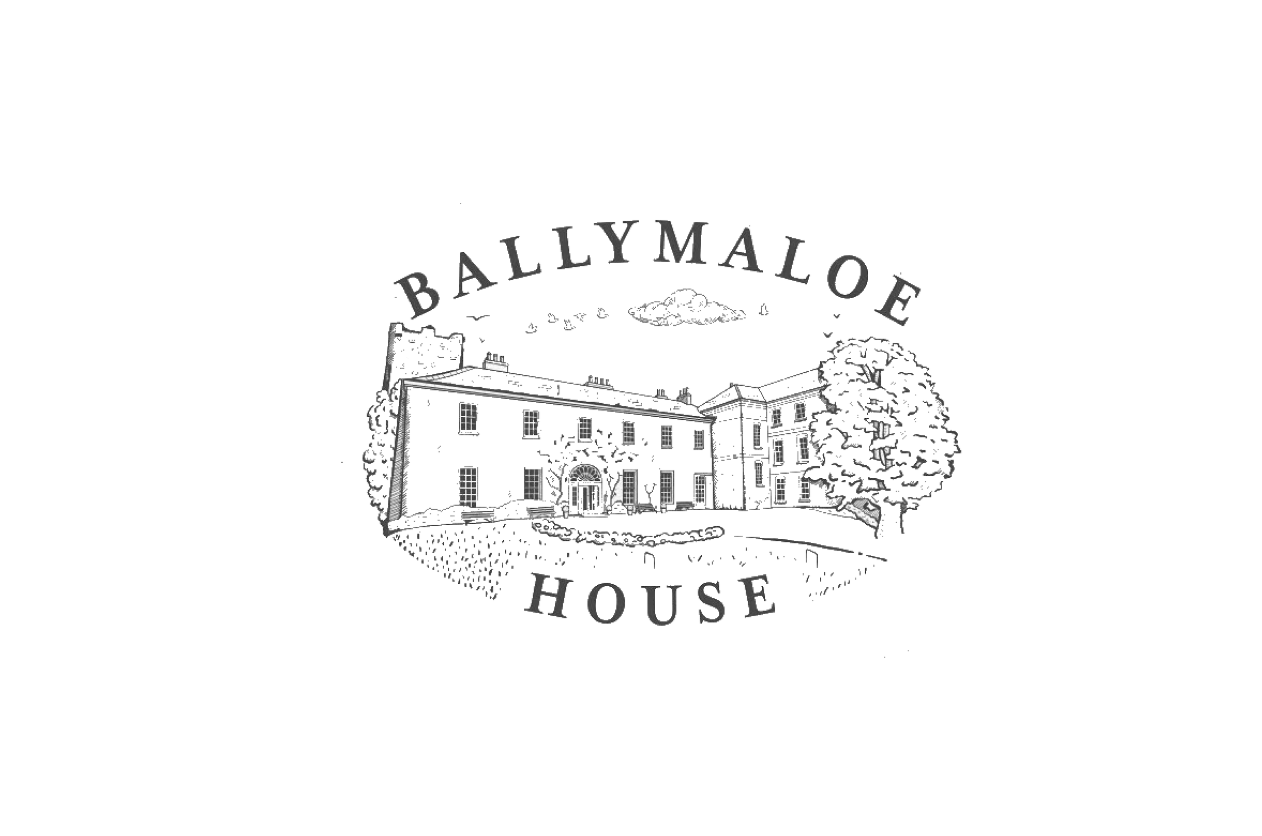 Black and white illustration of a country house with words Ballymaloe House arched above and below.