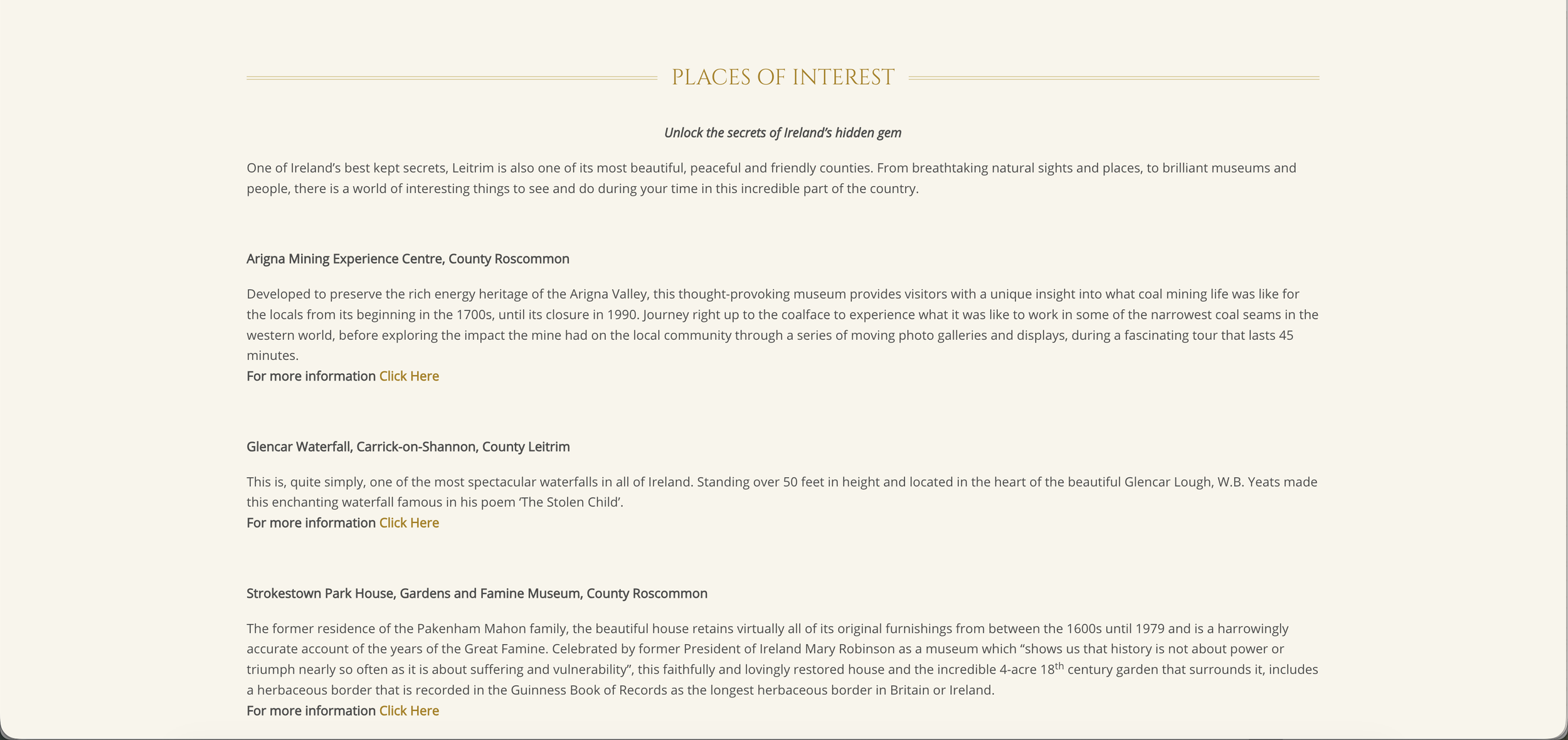 Information on a selection of interesting places to visit and explore around Lough Rynn Castle.