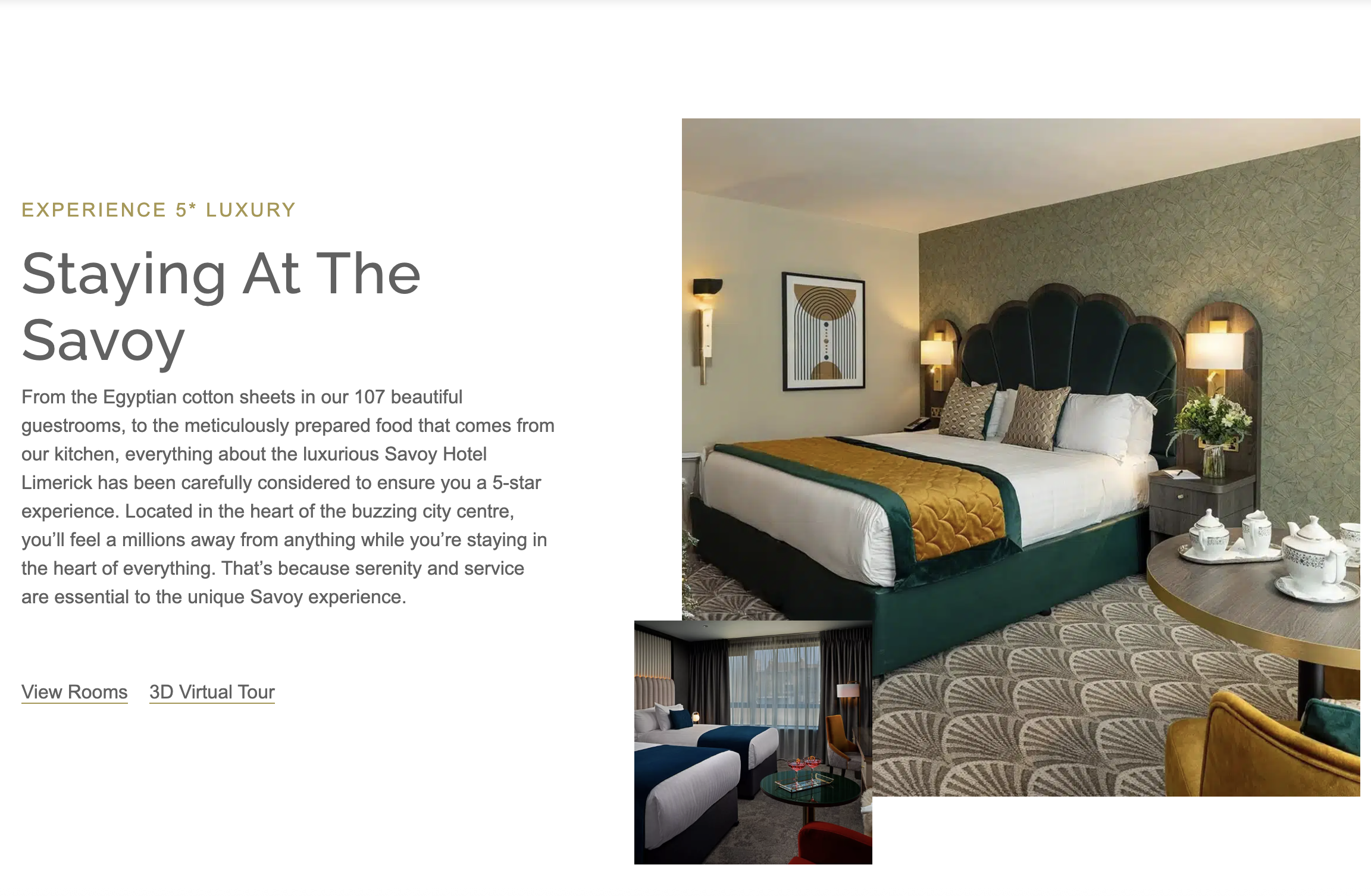 Intro to the hotel alongside a suite with a king bed, feature headboard and table set for tea.