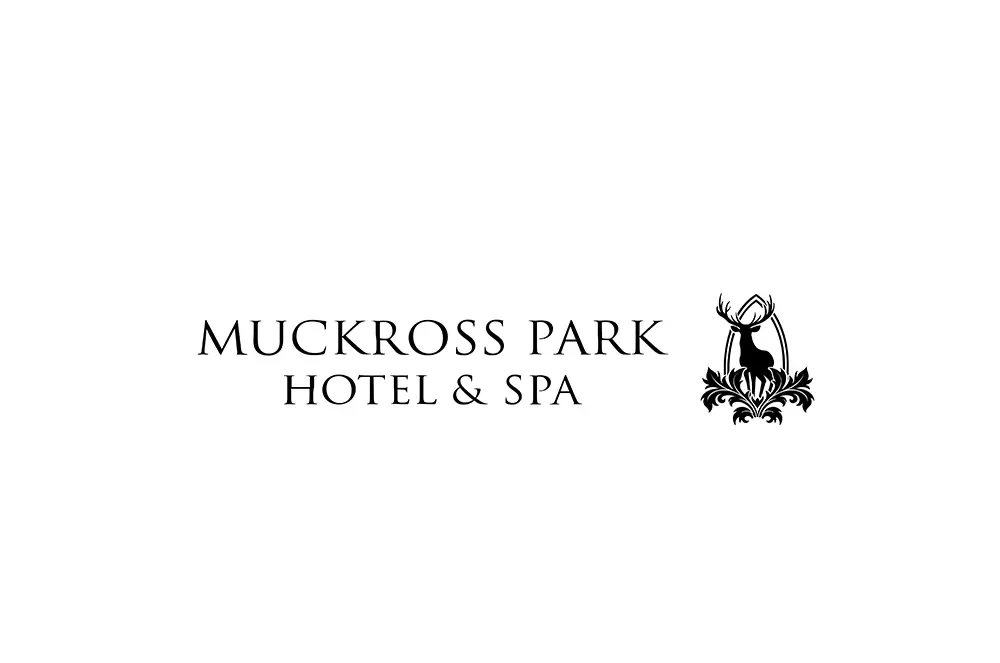 Black and white logo for Muckross Park Hotel with its name and a stylised stag emblem beside it.