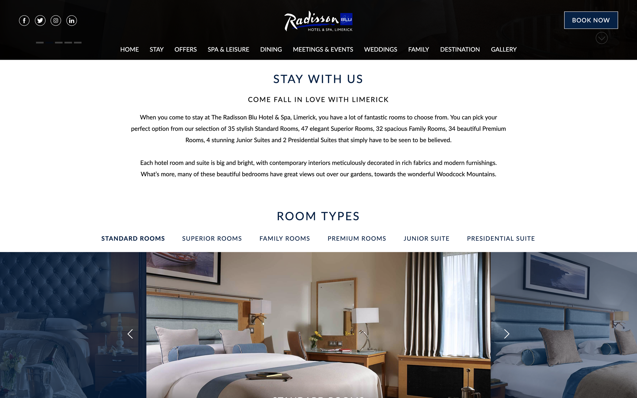 Professionally crafted overview of the different room types over a double bed with padded headboard.