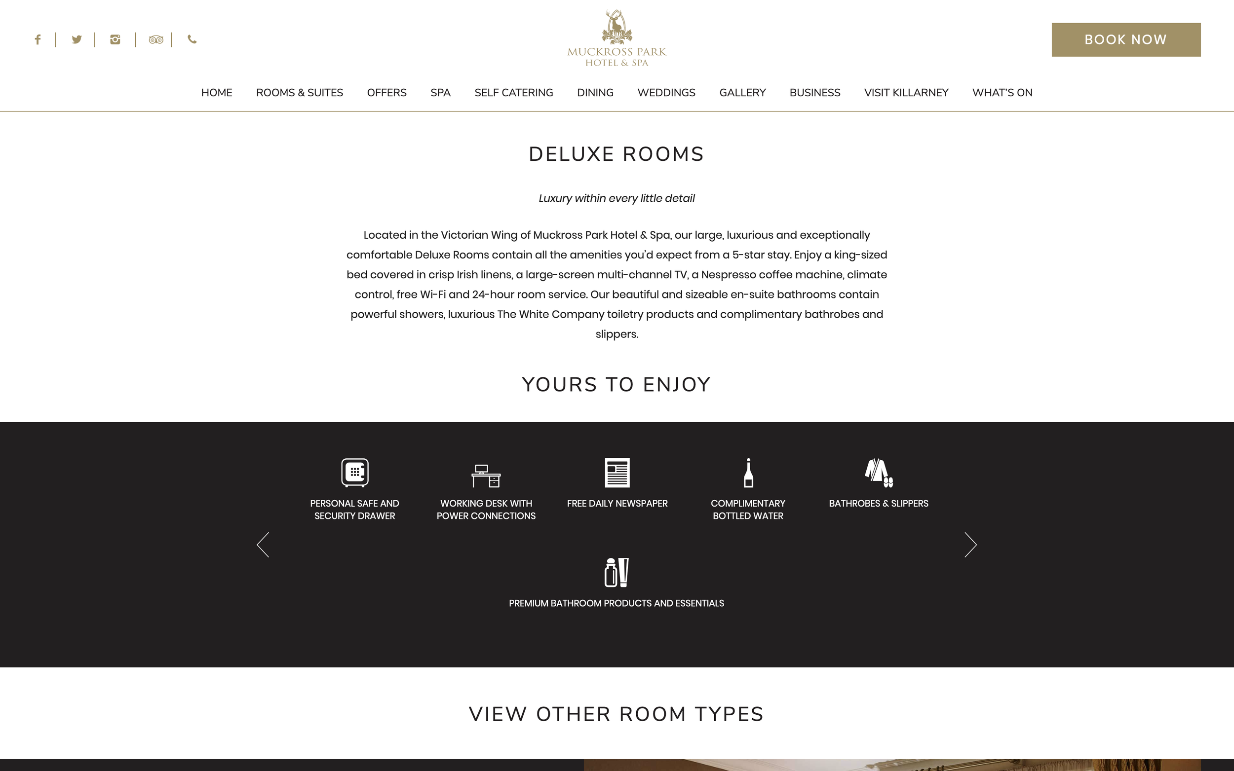 Two crafted paragraphs summarising the luxurious rooms and their features at Muckross Park Hotel.