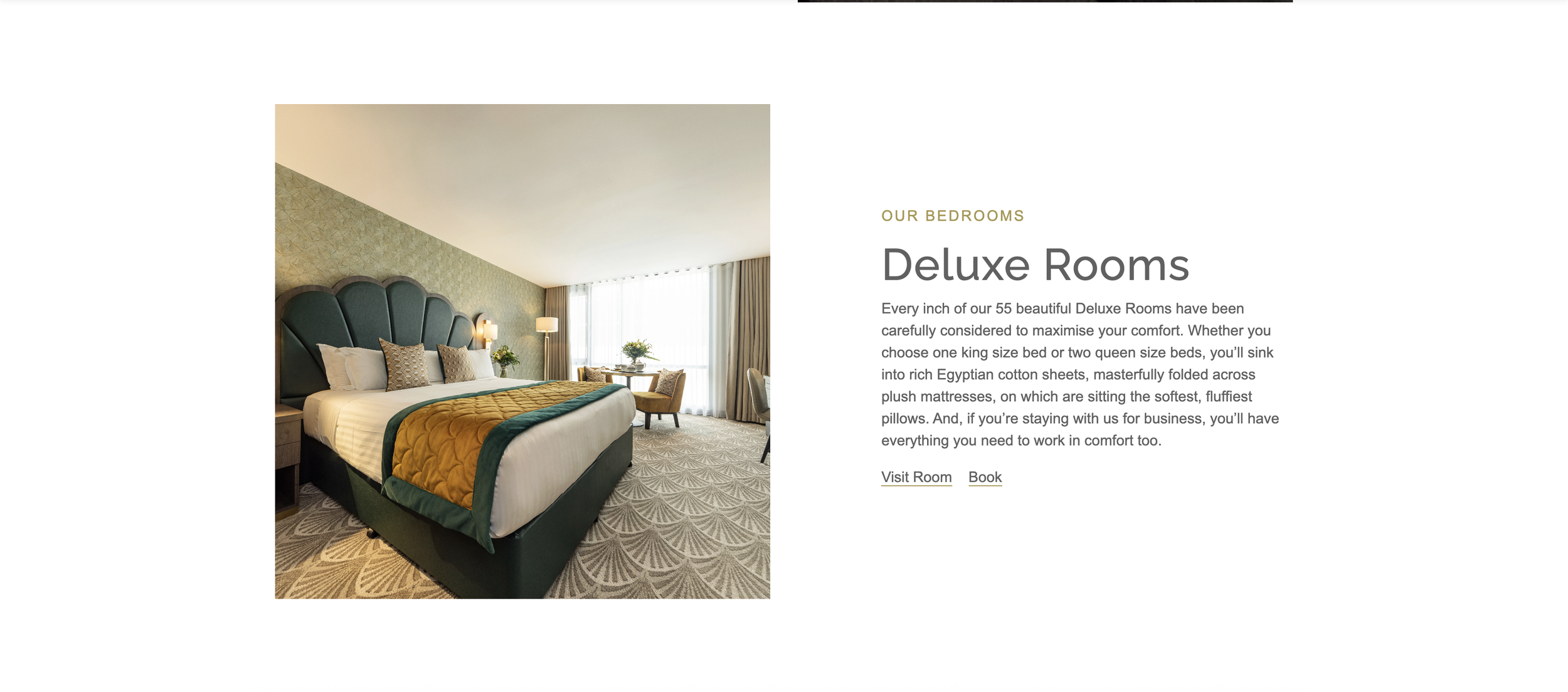 Overview of the accommodation facilities next to a room with a large bed and feature headboard.