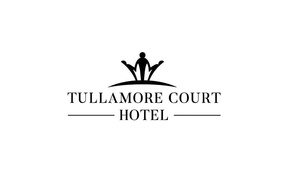Black and white logo for Tullamore Court Hotel, featuring a stylised fountain above the hotel name.