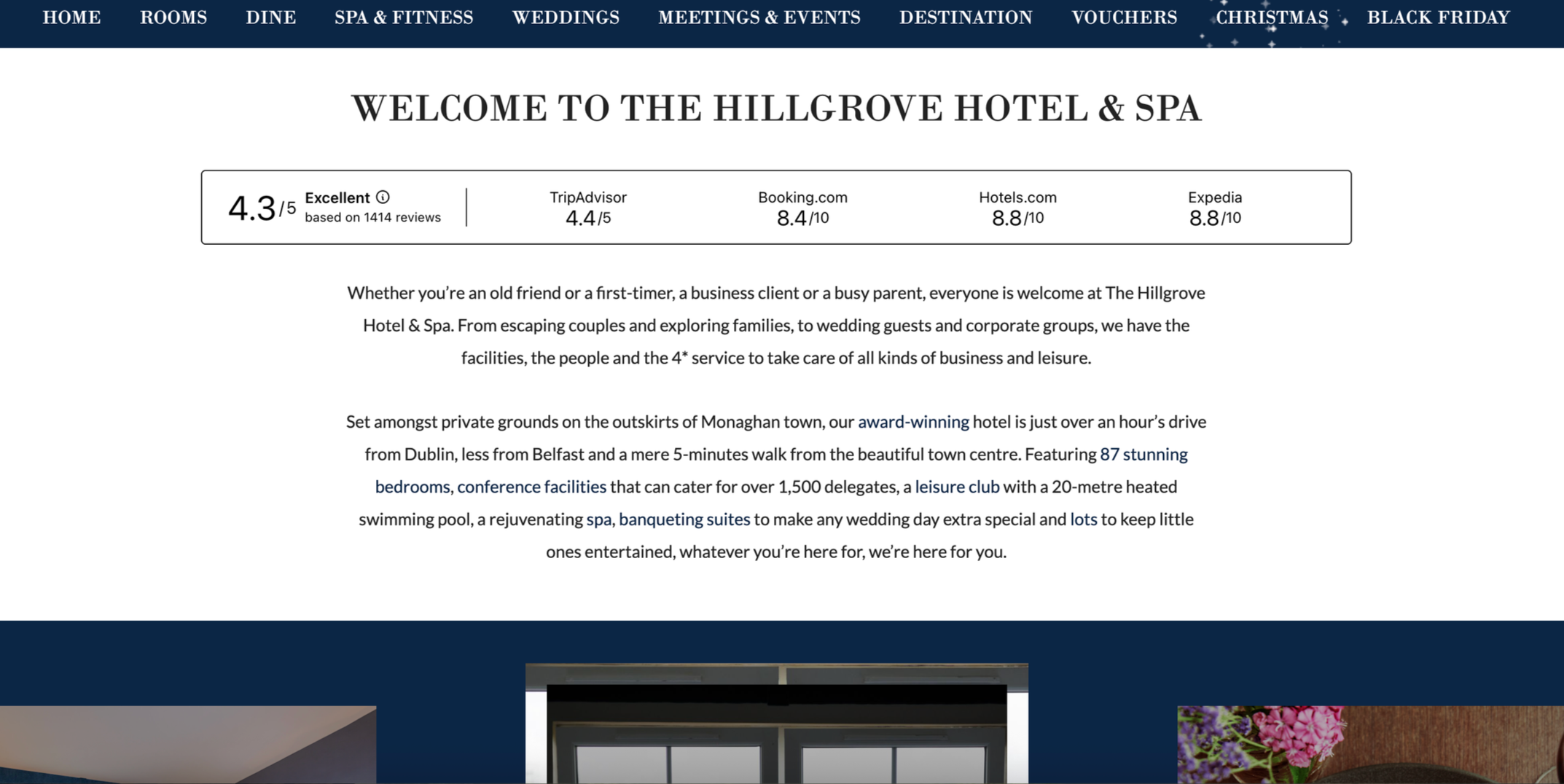 A short text overview of the Hillgrive Hotel under a customer satisfaction rating of “excellent”.