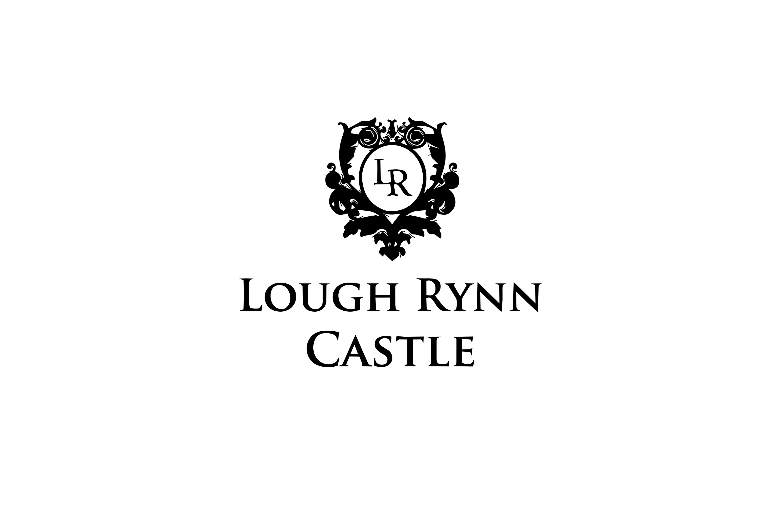 Black and white logo for Lough Rynn Castle of a shield housing a ‘LR’ emblem and its name beneath.
