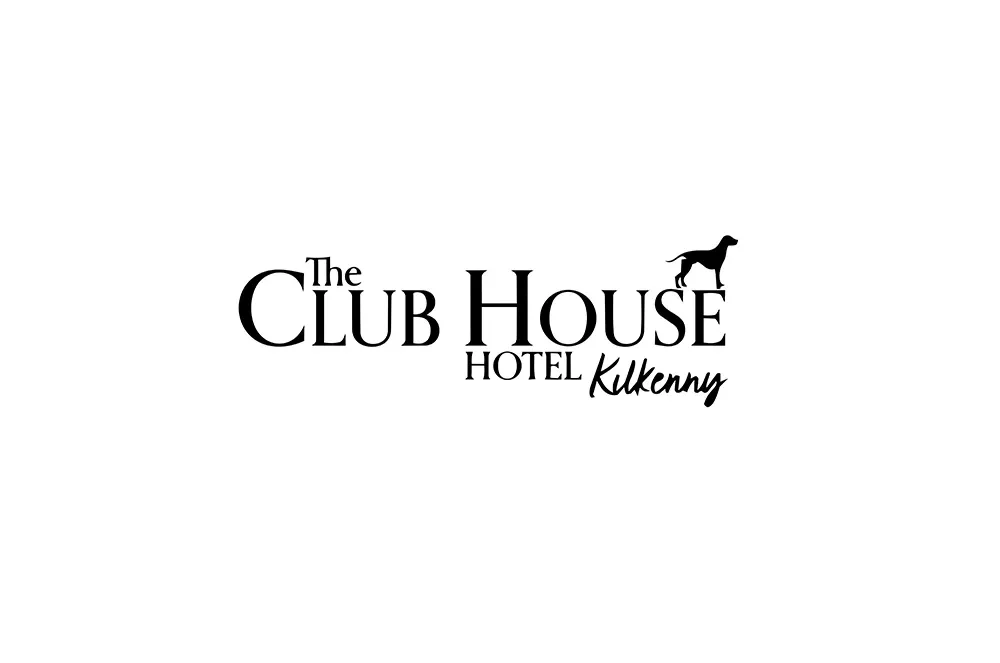 Black and white logo for The Club House Hotel Kilkenny of a dog silhouette atop the hotel name.