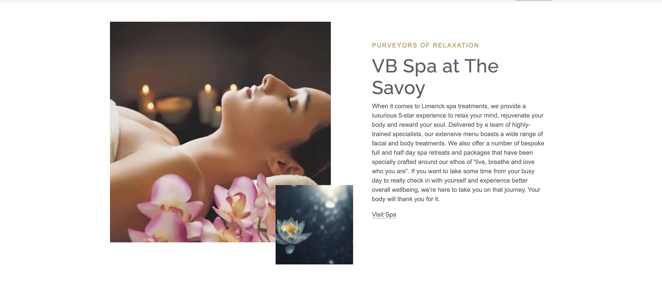 A women lays her head on a spa towel wrapped in flowers next to a summary of the luxurious spa.