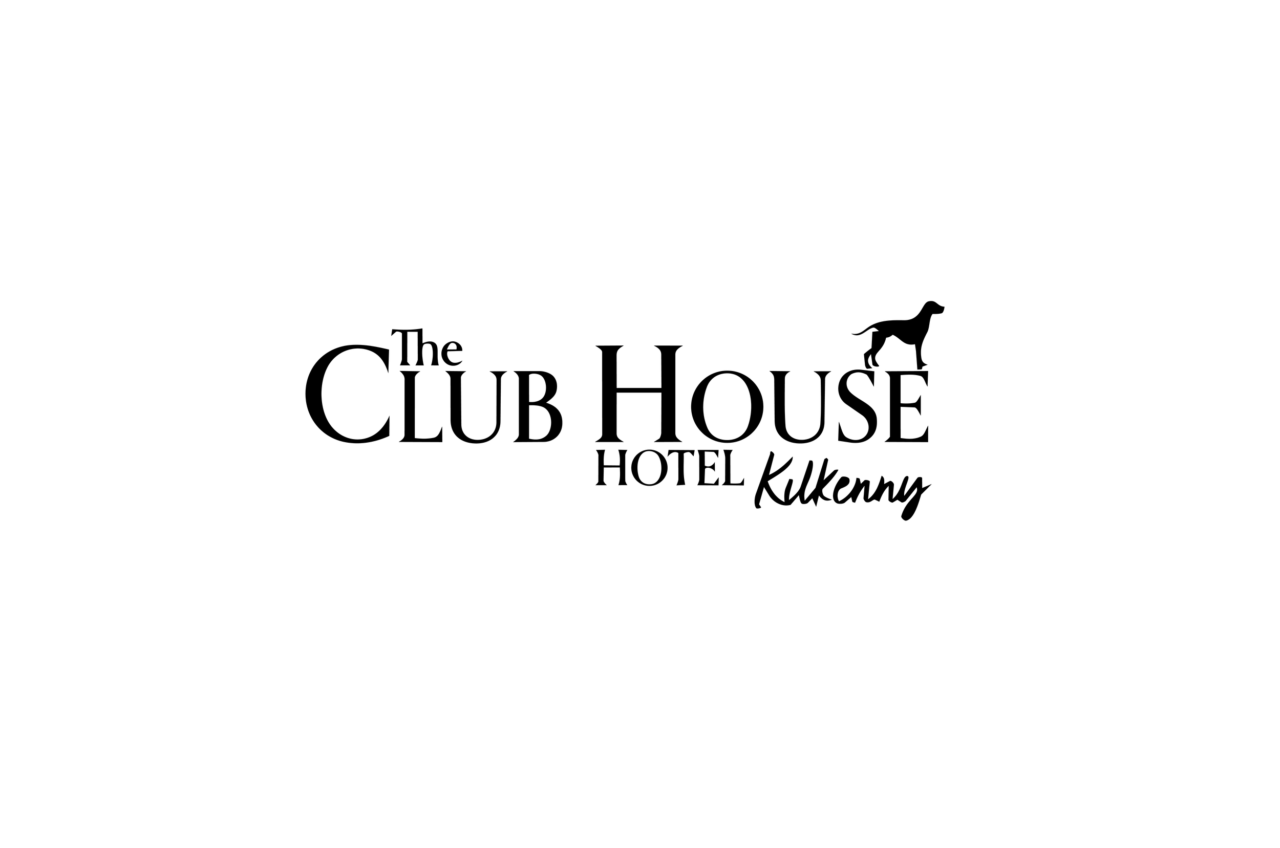 Black and white logo for The Club House Hotel Kilkenny of a dog silhouette atop the hotel name.